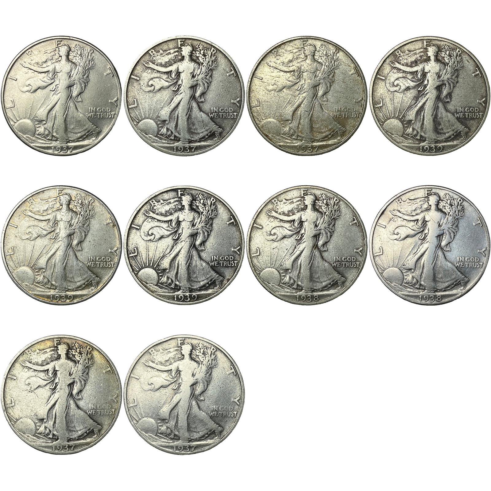 [10 Coins] 1937-1939 Walking Liberty Half Dollar: [10 Coins] 1937-1939 Walking Liberty Half Dollar