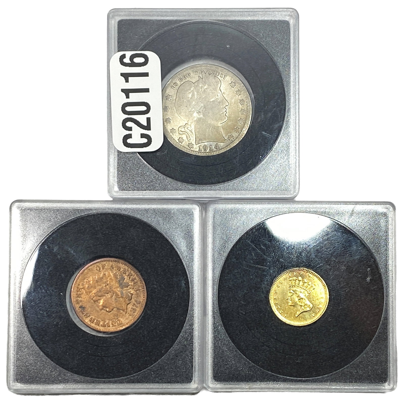 [3 Coins] 1873-1914 Barber 25C, IH 1C, Gold $1: [3 Coins] 1873-1914 Barber 25C, IH 1C, Gold $1