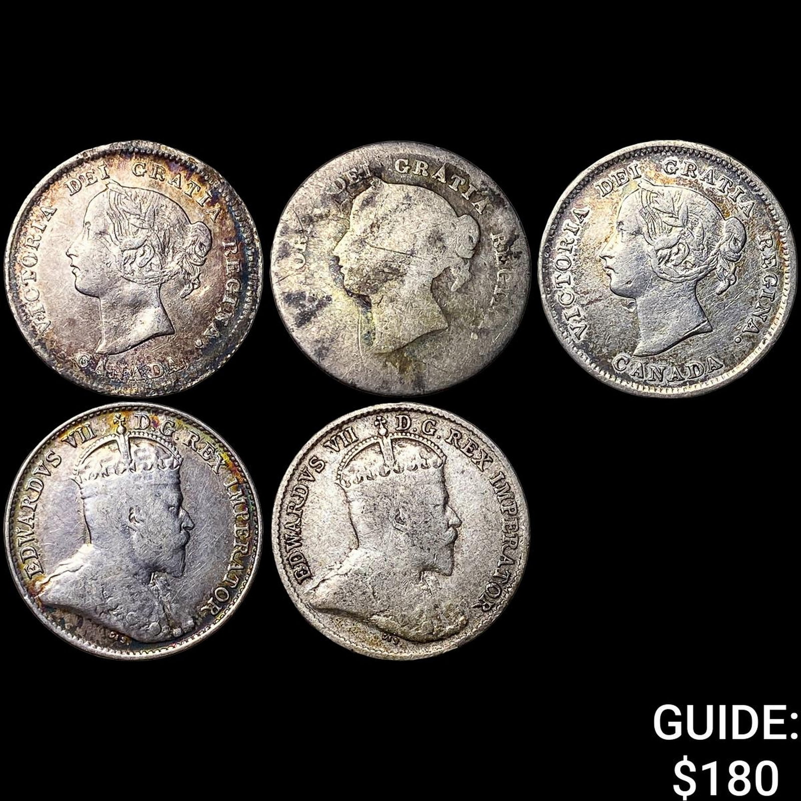 [5 Coins] 1874-1902 Canada Silver 5 Cents (1 of 2)