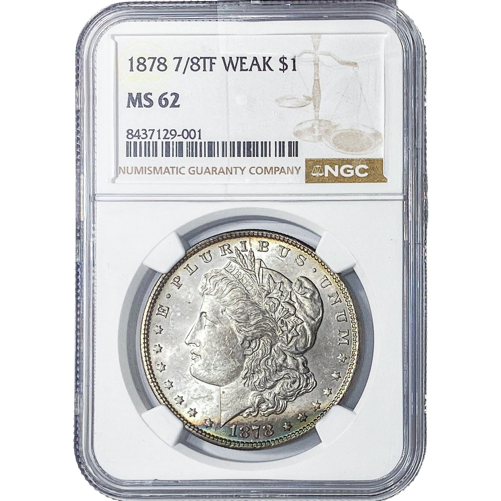 1878 7/8TF Morgan Silver Dollar NGC MS62 Weak: 1878 7/8TF Morgan Silver Dollar NGC MS62 Weak