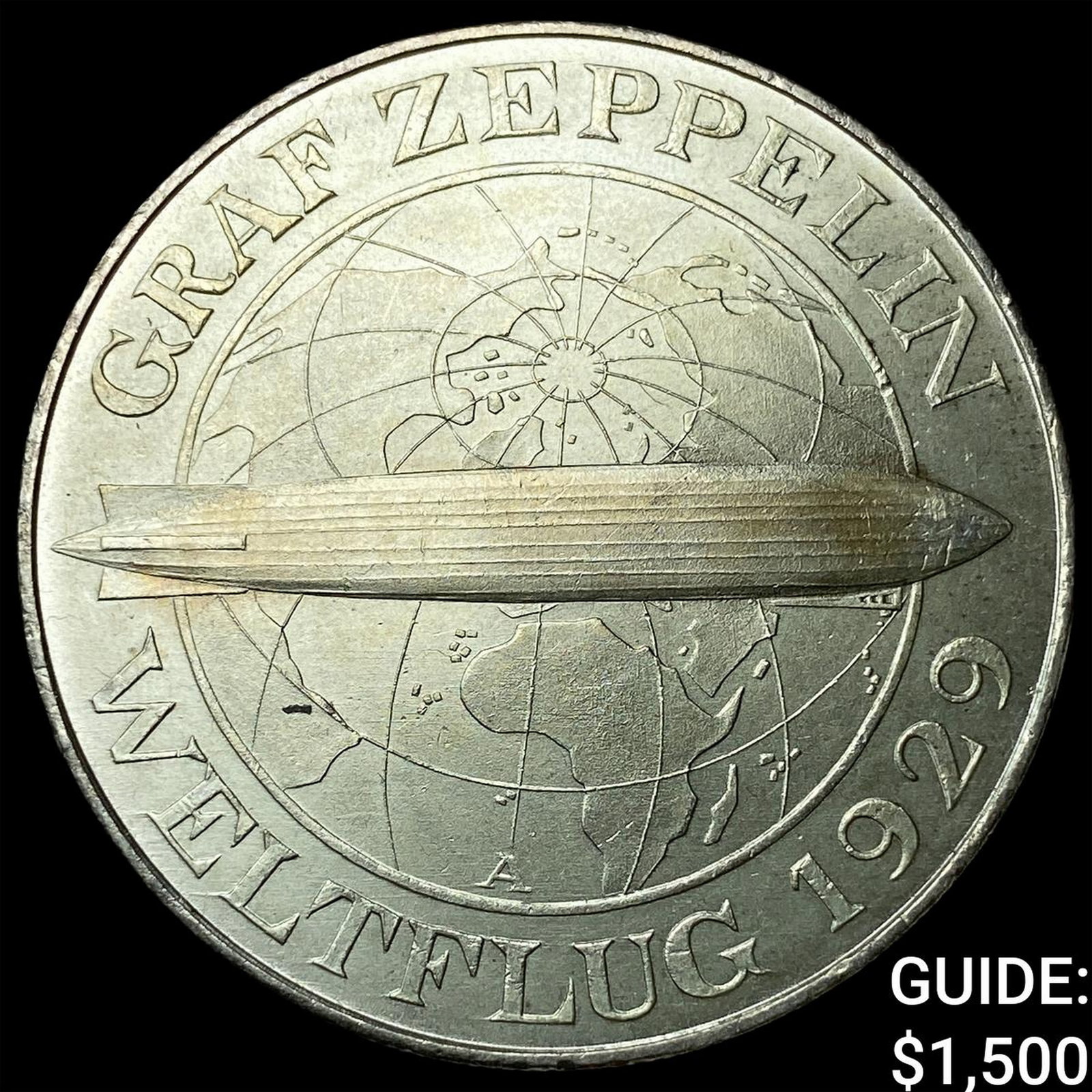 1930A Wiemar Rep. SIlver 5 Reichsmark Graf Zepplin: 1930A Wiemar Rep. SIlver 5 Reichsmark Graf Zepplin