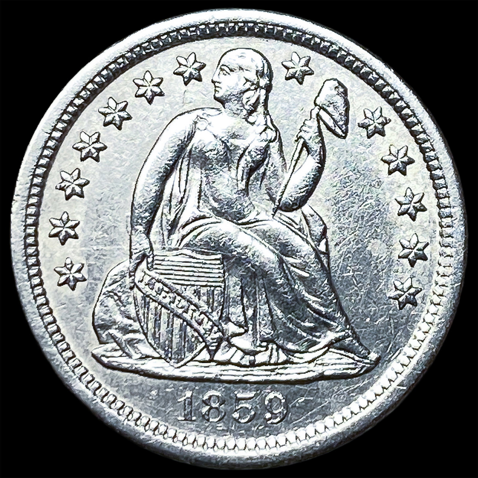 1859-O Silver Seated Liberty Dime CLOSELY UNCIRCULATED (1 of 2)