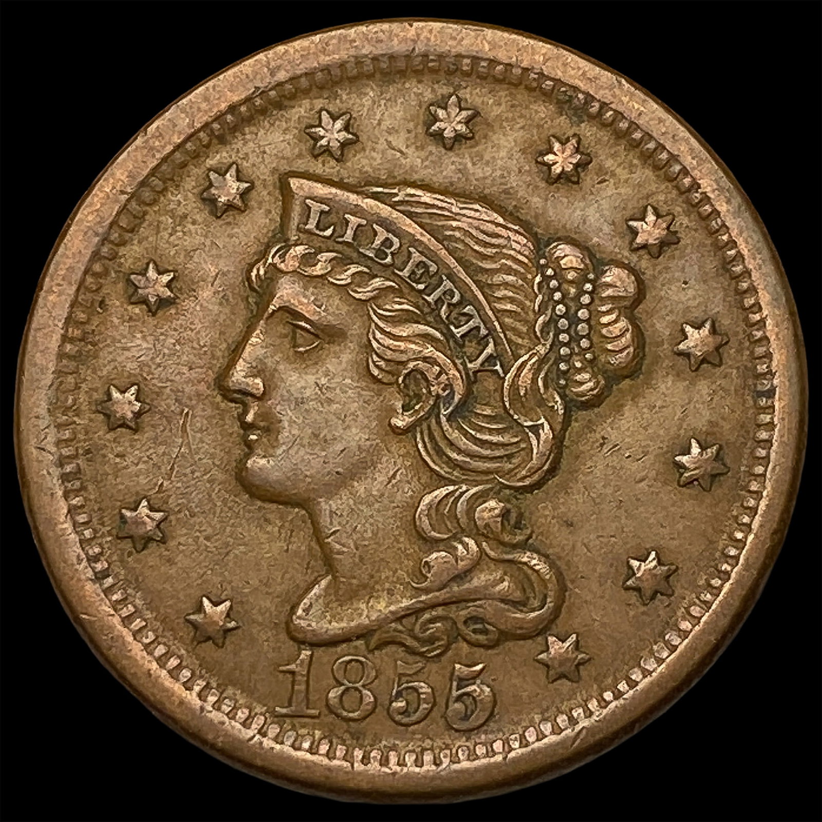 1855 Braided Hair Large Cent CLOSELY UNCIRCULATED: 1855 Braided Hair Large Cent CLOSELY UNCIRCULATED