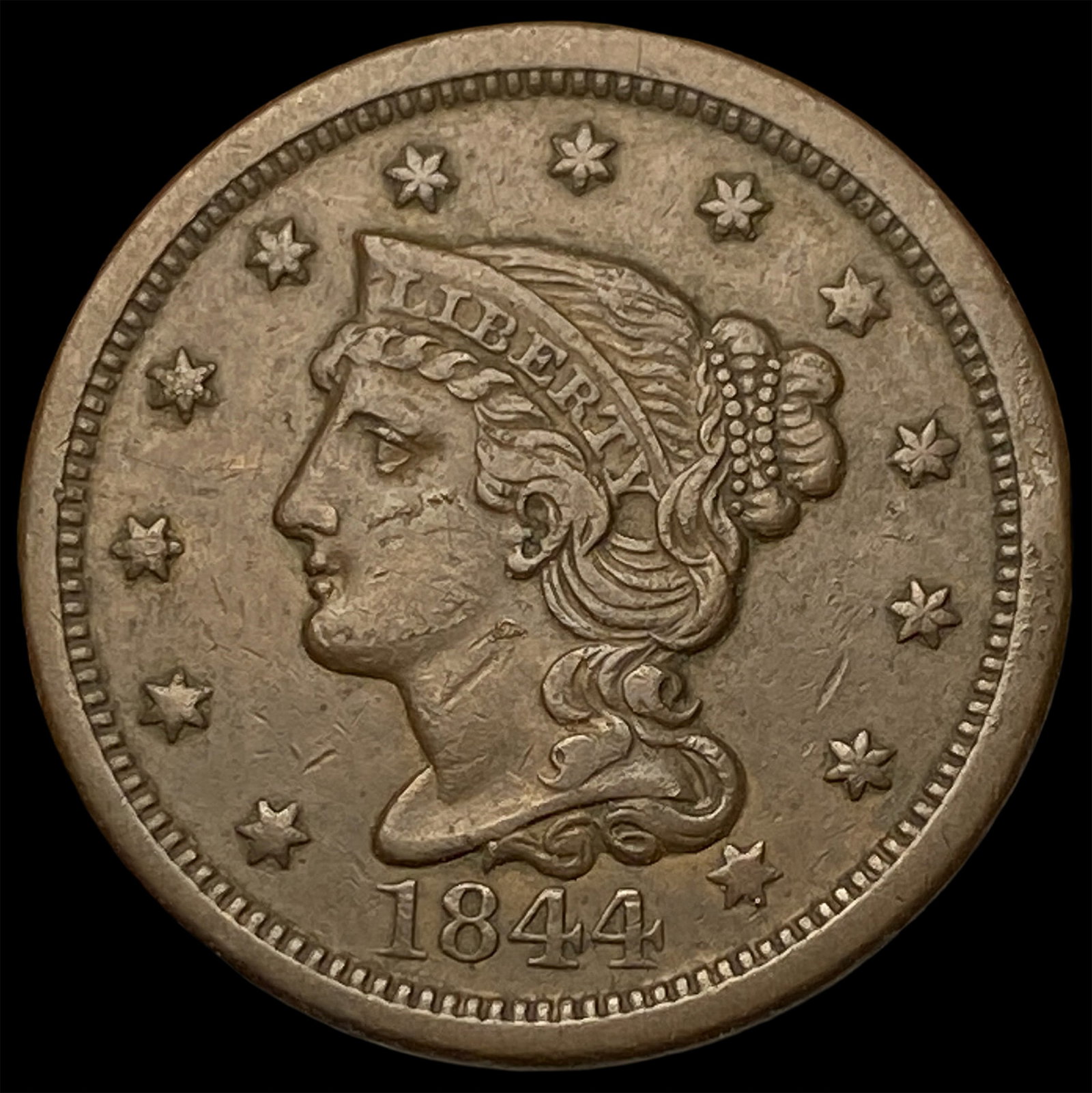 1844 Braided Hair Large Cent CLOSELY UNCIRCULATED: 1844 Braided Hair Large Cent CLOSELY UNCIRCULATED