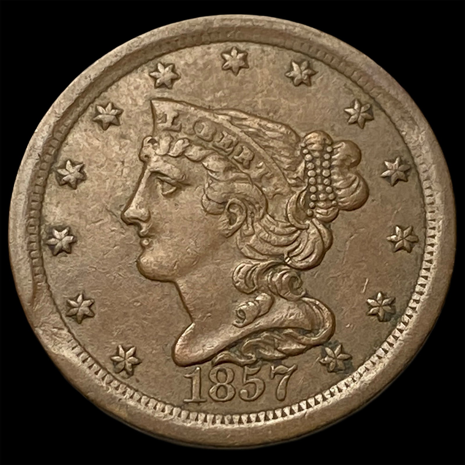 1857 Braided Hair Half Cent CLOSELY UNCIRCULATED: 1857 Braided Hair Half Cent CLOSELY UNCIRCULATED