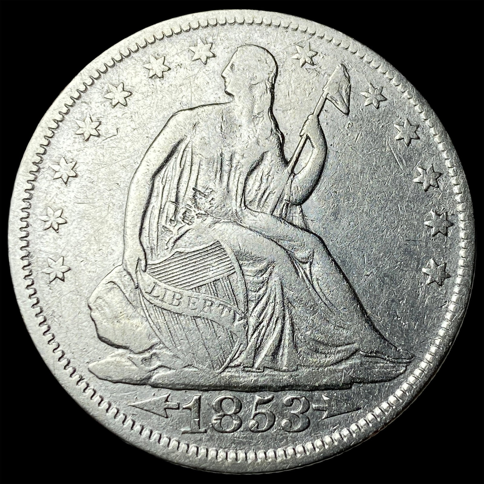 1853 Arrows/Rays Seated Liberty Half Dollar ABOUT UNCIRCULATED: 1853 Arrows/Rays Seated Liberty Half Dollar ABOUT UNCIRCULATED