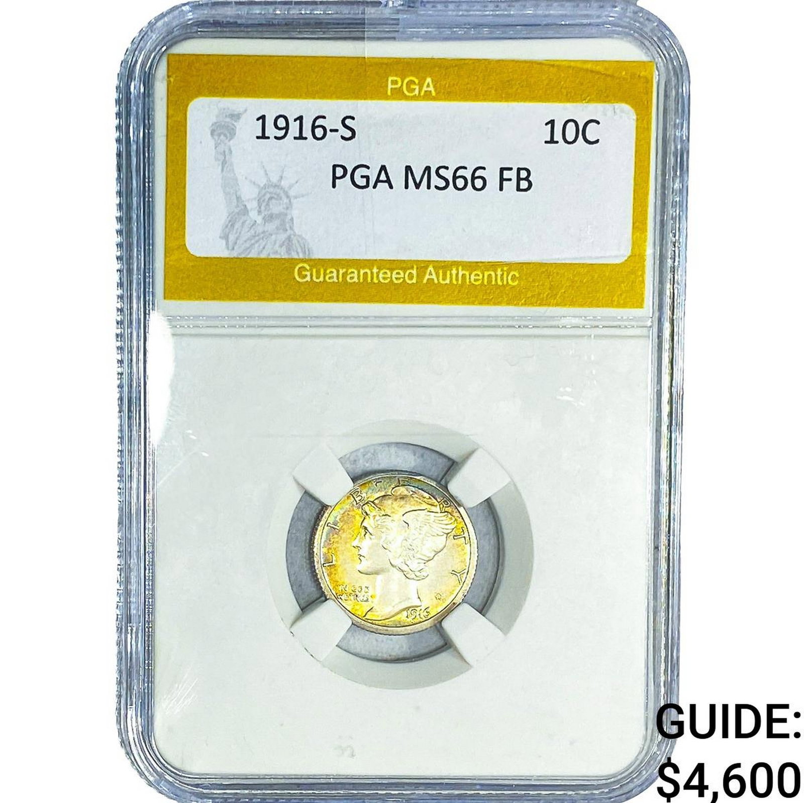 1916-S Mercury Silver Dime PGA MS66 FB: 1916-S Mercury Silver Dime PGA MS66 FB