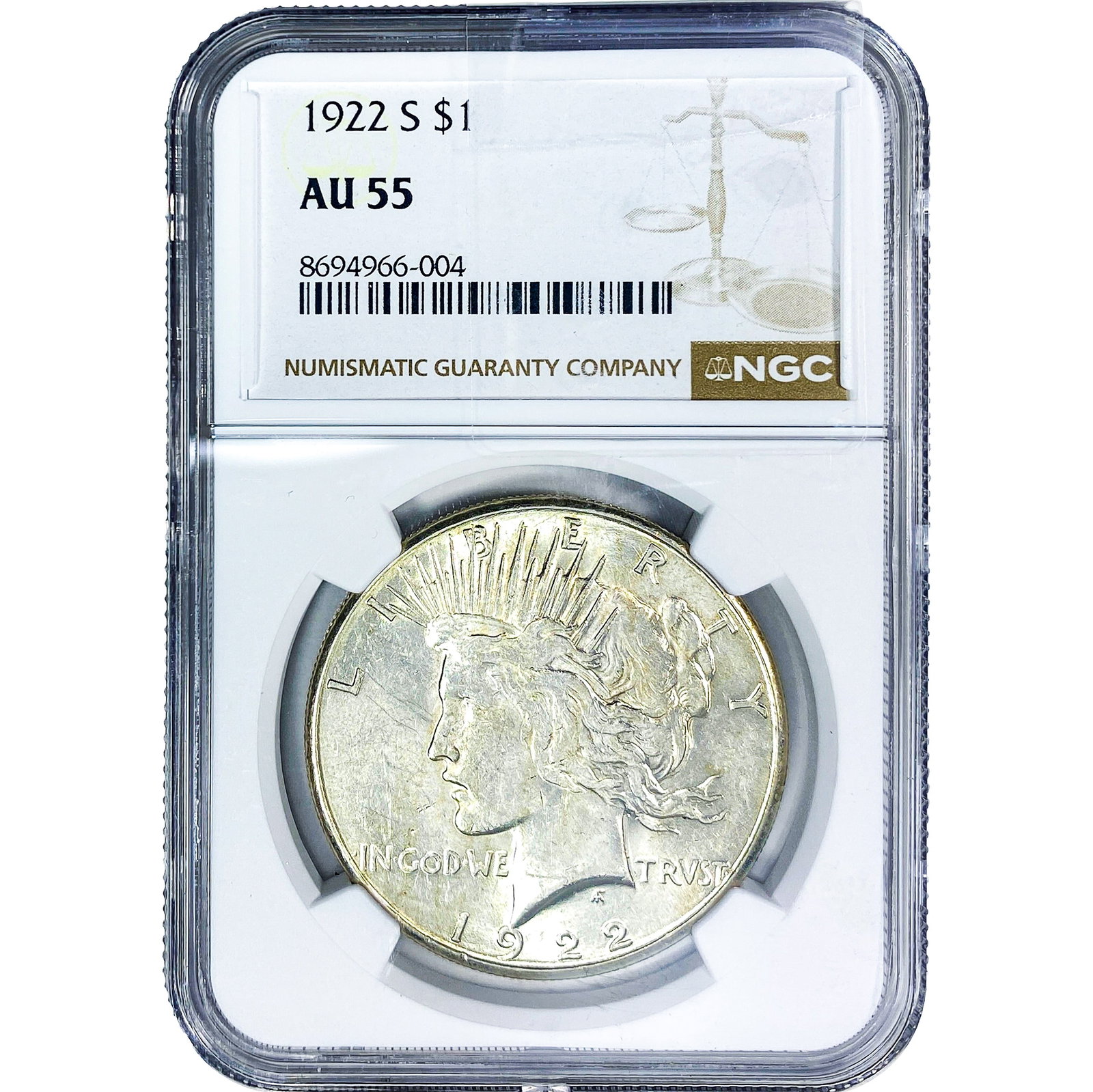 1922-S Silver Peace Dollar NGC AU55: 1922-S Silver Peace Dollar NGC AU55