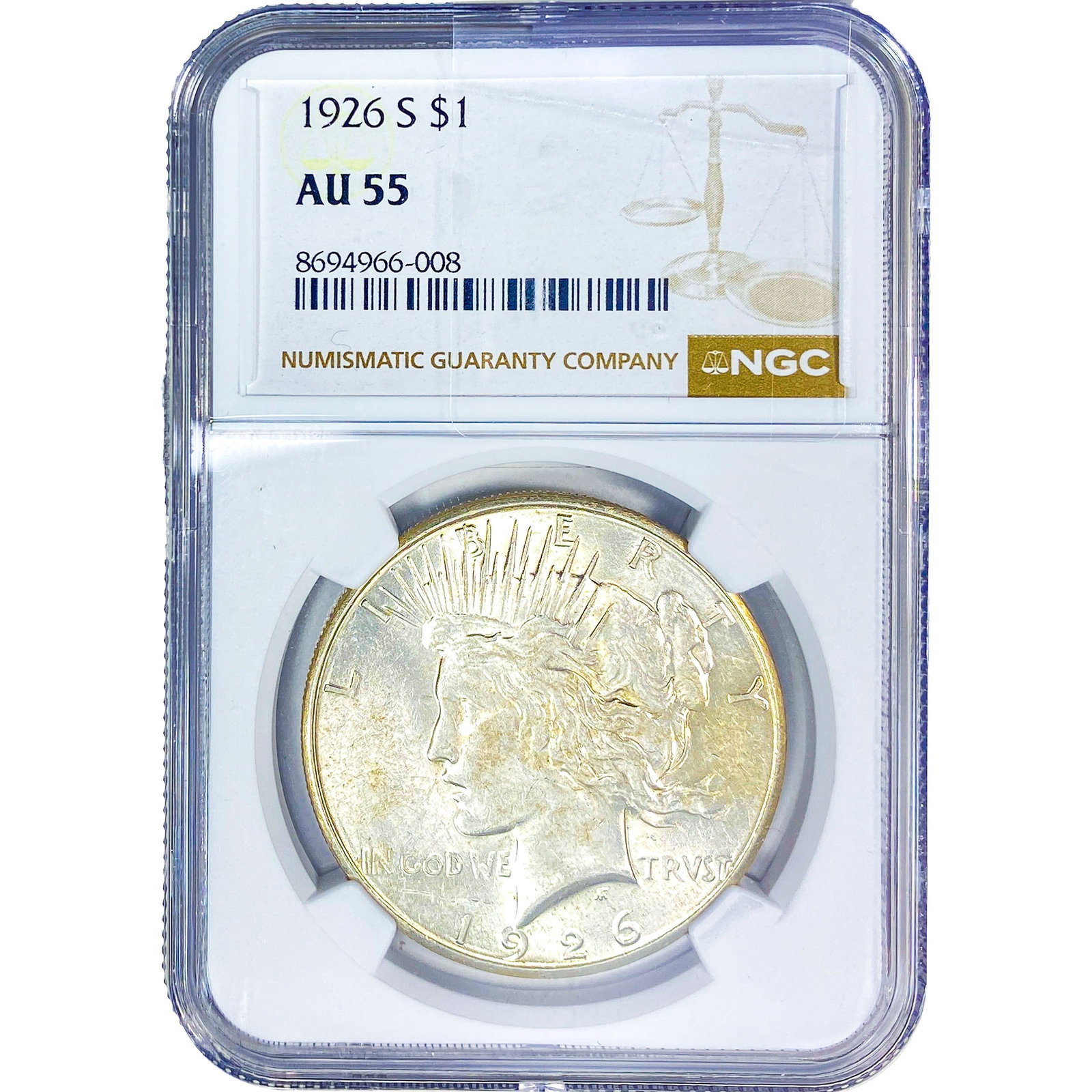 1926-S Silver Peace Dollar NGC AU55: 1926-S Silver Peace Dollar NGC AU55