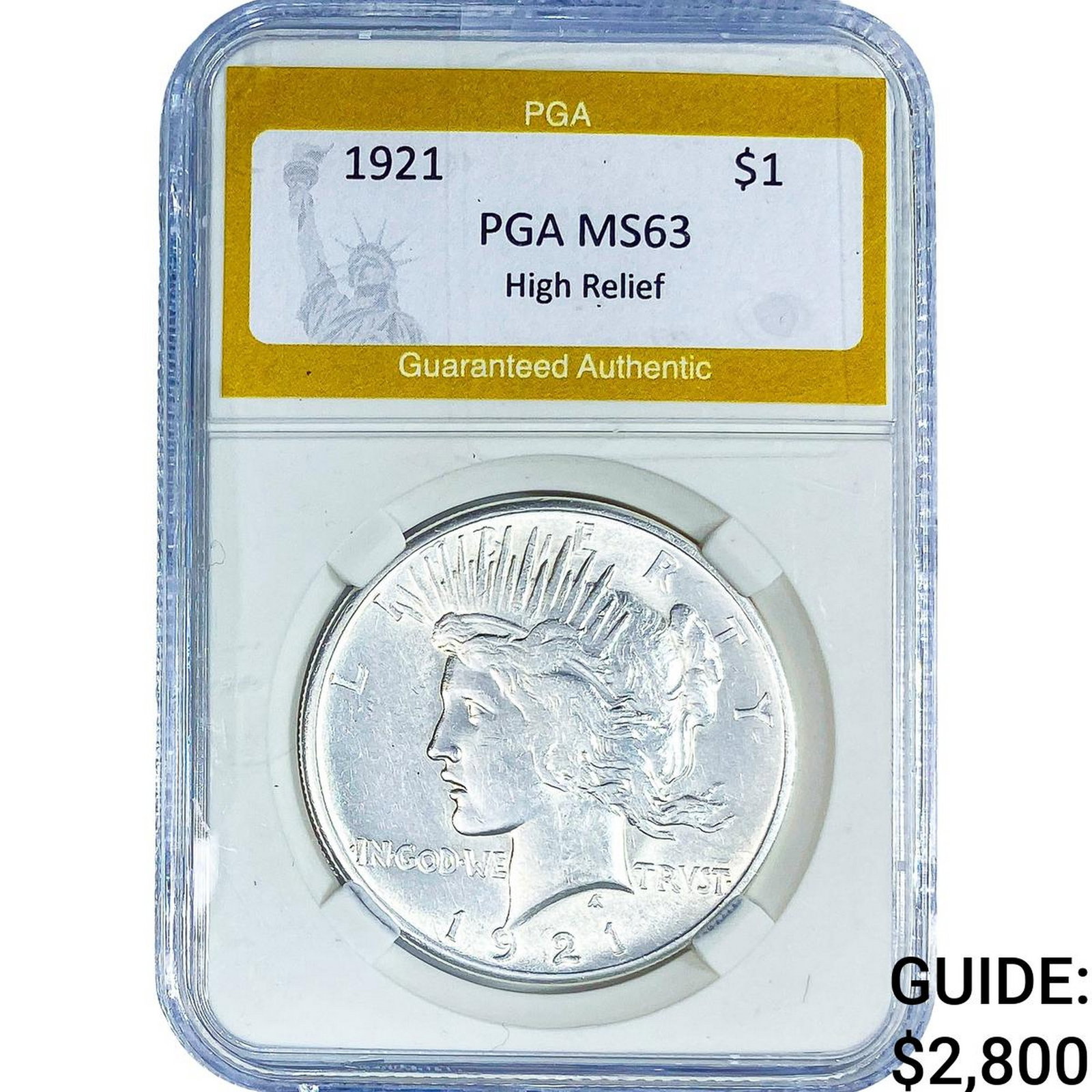 1921 Silver Peace Dollar PGA MS63 High Relief: 1921 Silver Peace Dollar PGA MS63 High Relief