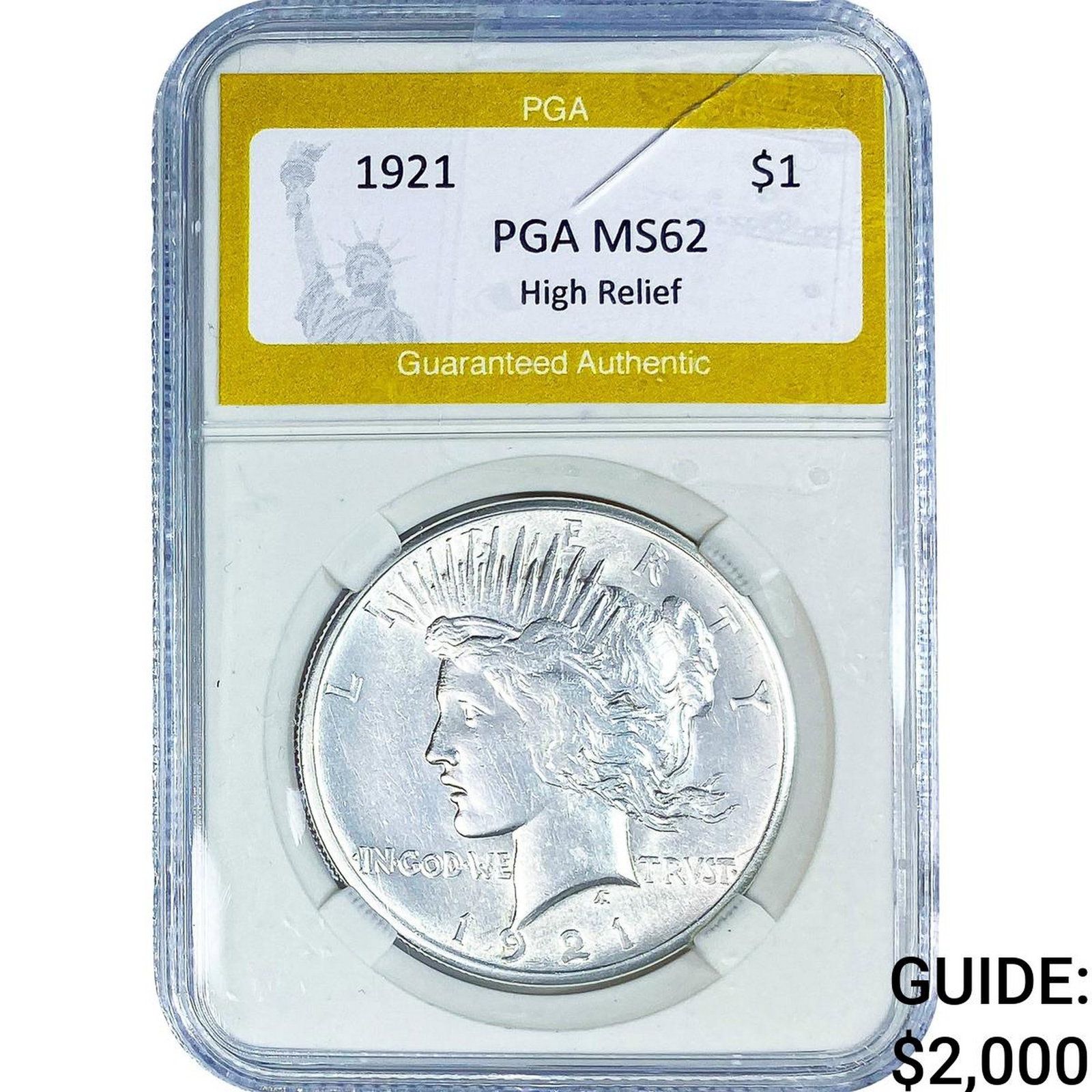 1921 Silver Peace Dollar PGA MS62 High Relief: 1921 Silver Peace Dollar PGA MS62 High Relief