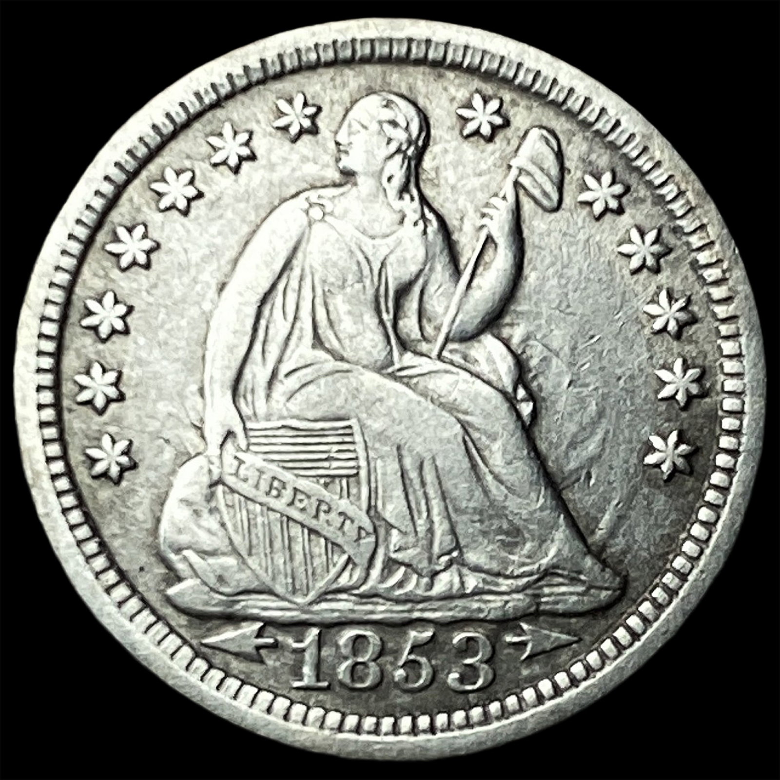 1853 Arrows Seated Liberty Half Dime CLOSELY UNCIRCULATED: 1853 Arrows Seated Liberty Half Dime CLOSELY UNCIRCULATED