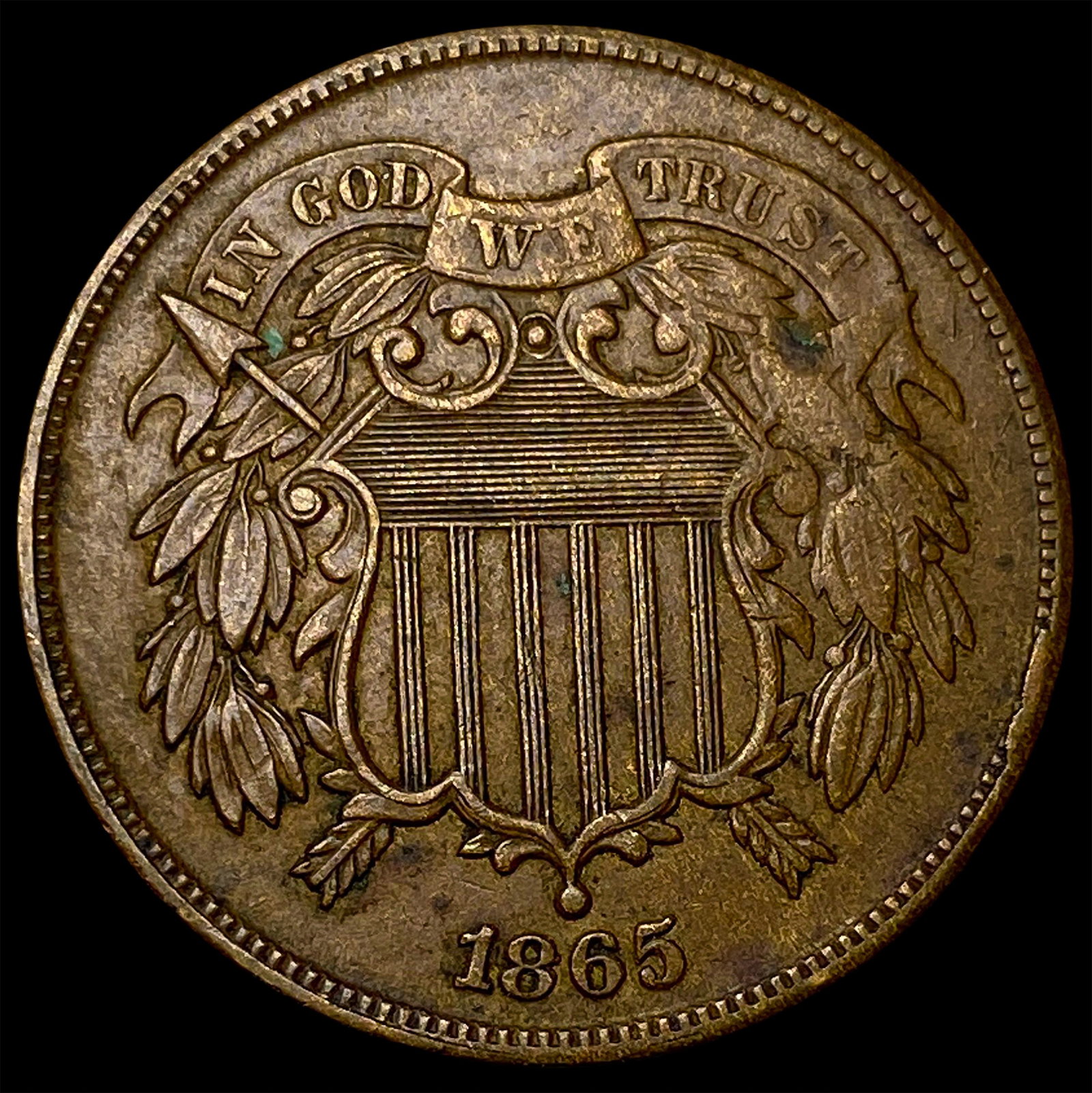 1865 Bronze Two-Cent Piece CLOSELY UNCIRCULATED: 1865 Bronze Two-Cent Piece CLOSELY UNCIRCULATED