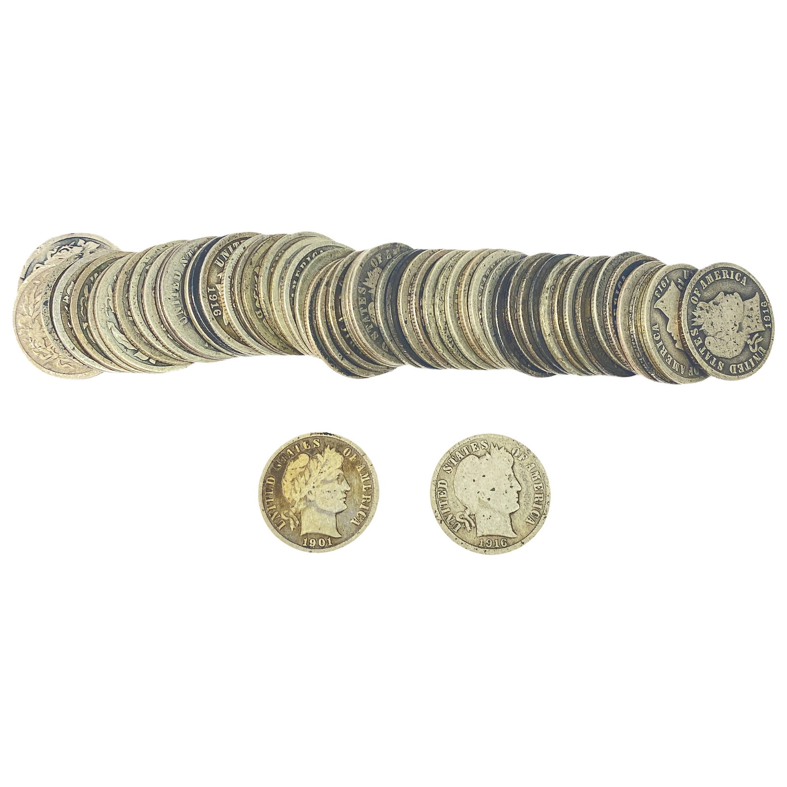 [54 Coins] 1893-1916 Roll of 10C Barbers: [54 Coins] 1893-1916 Roll of 10C Barbers