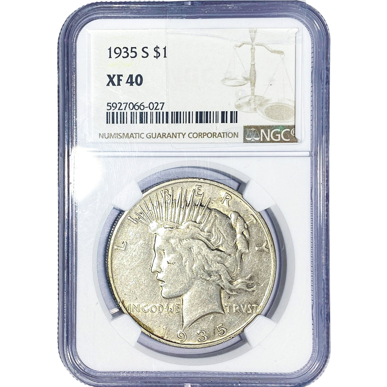 1935-S Silver Peace Dollar NGC XF40: 1935-S Silver Peace Dollar NGC XF40