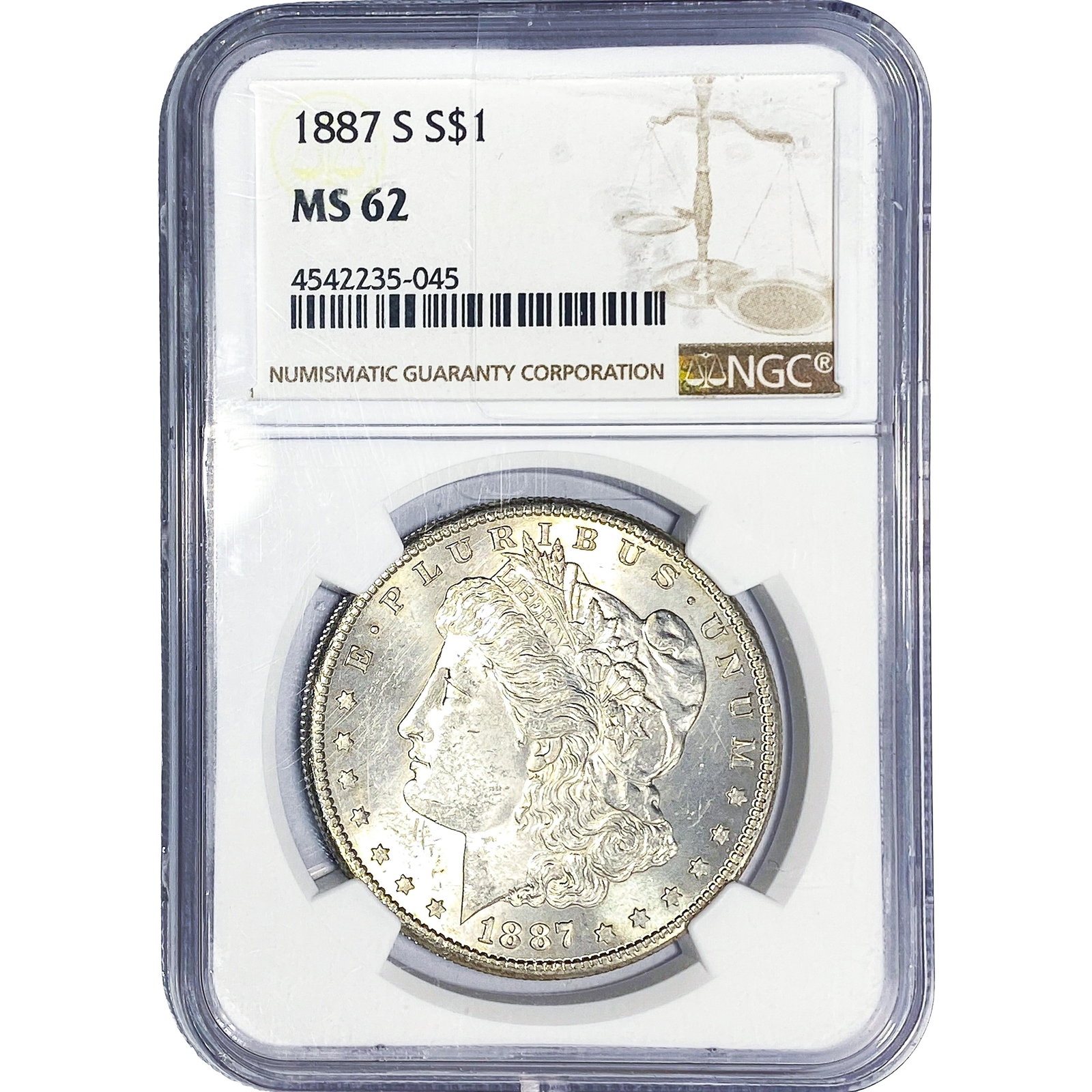 1887-S Morgan Silver Dollar NGC MS62: 1887-S Morgan Silver Dollar NGC MS62