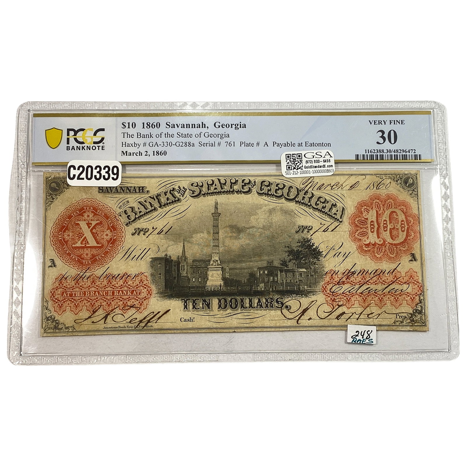 1860 $10 Savannag, GA Red Note PCGS: 1860 $10 Savannag, GA Red Note PCGS