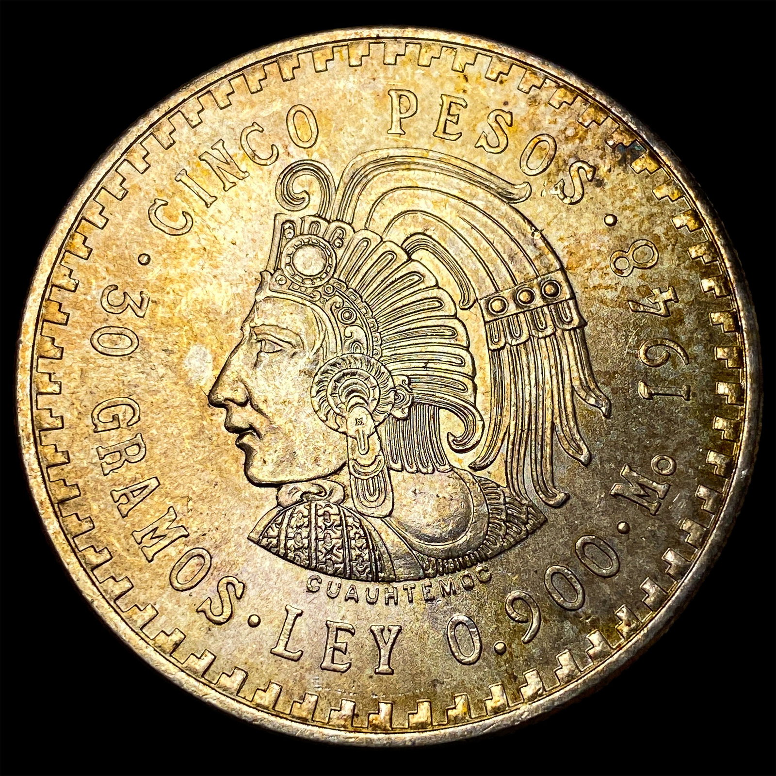 1948 Mexico Silver 5 Pesos CuauhtÃ©moc NICELY CIRCULATED: 1948 Mexico Silver 5 Pesos CuauhtÃ©moc NICELY CIRCULATED