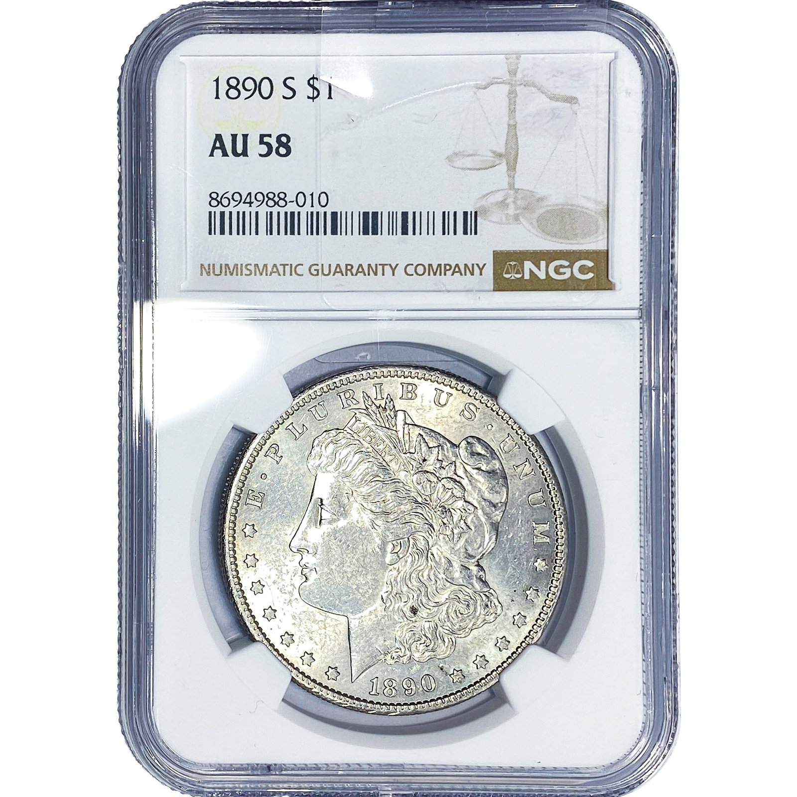 1890-S Morgan Silver Dollar NGC AU58: 1890-S Morgan Silver Dollar NGC AU58