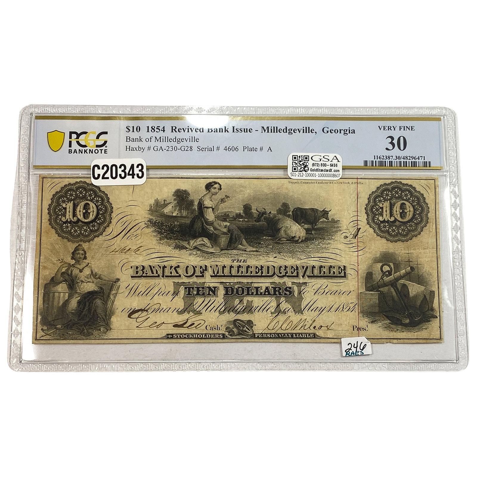 1854 $10 Revived Bank Issue Milledgeville, GA PCGS: 1854 $10 Revived Bank Issue Milledgeville, GA PCGS