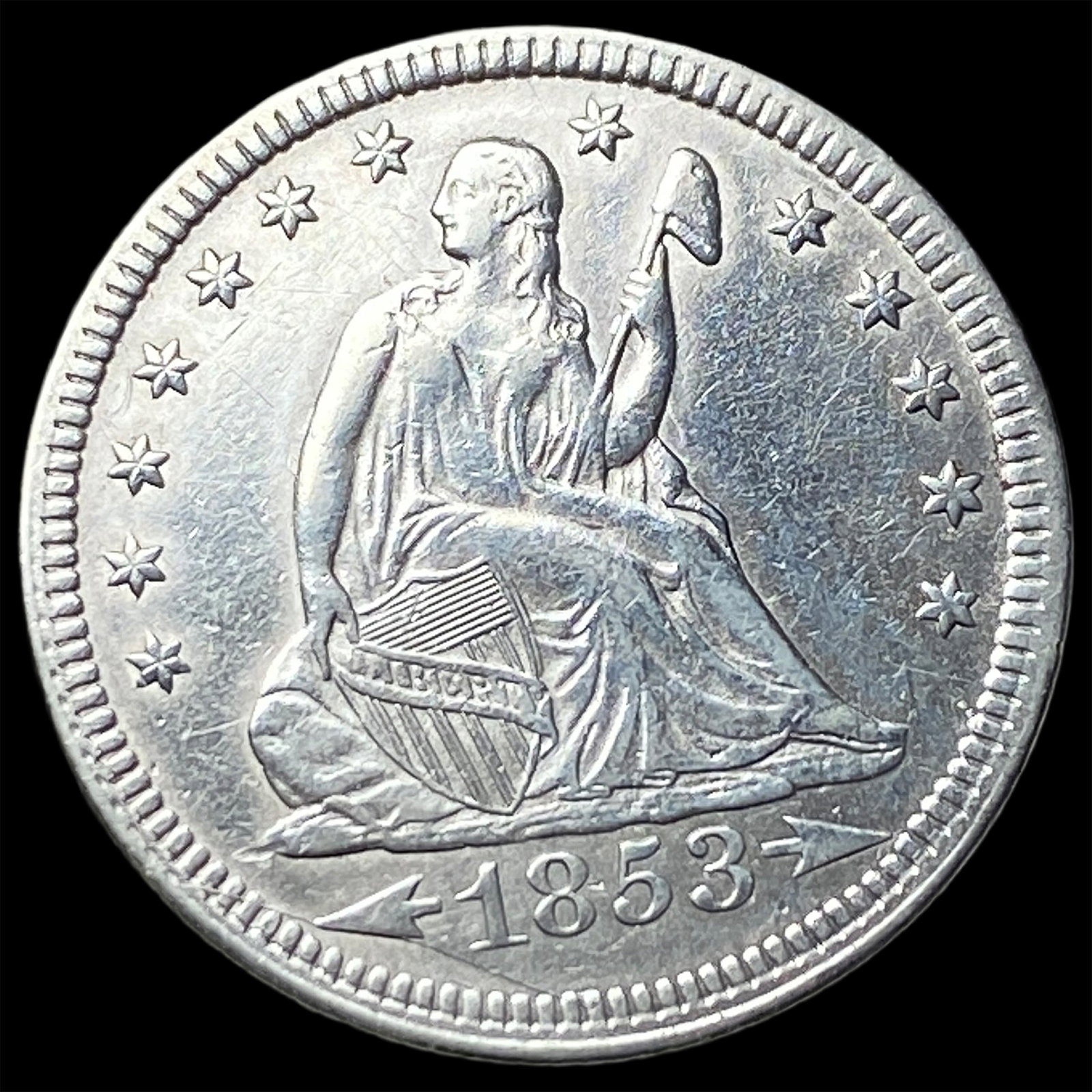 1853 Arrows/Rays Seated Liberty Silver Quarter CLOSELY UNCIRCULATED: 1853 Arrows/Rays Seated Liberty Silver Quarter CLOSELY UNCIRCULATED