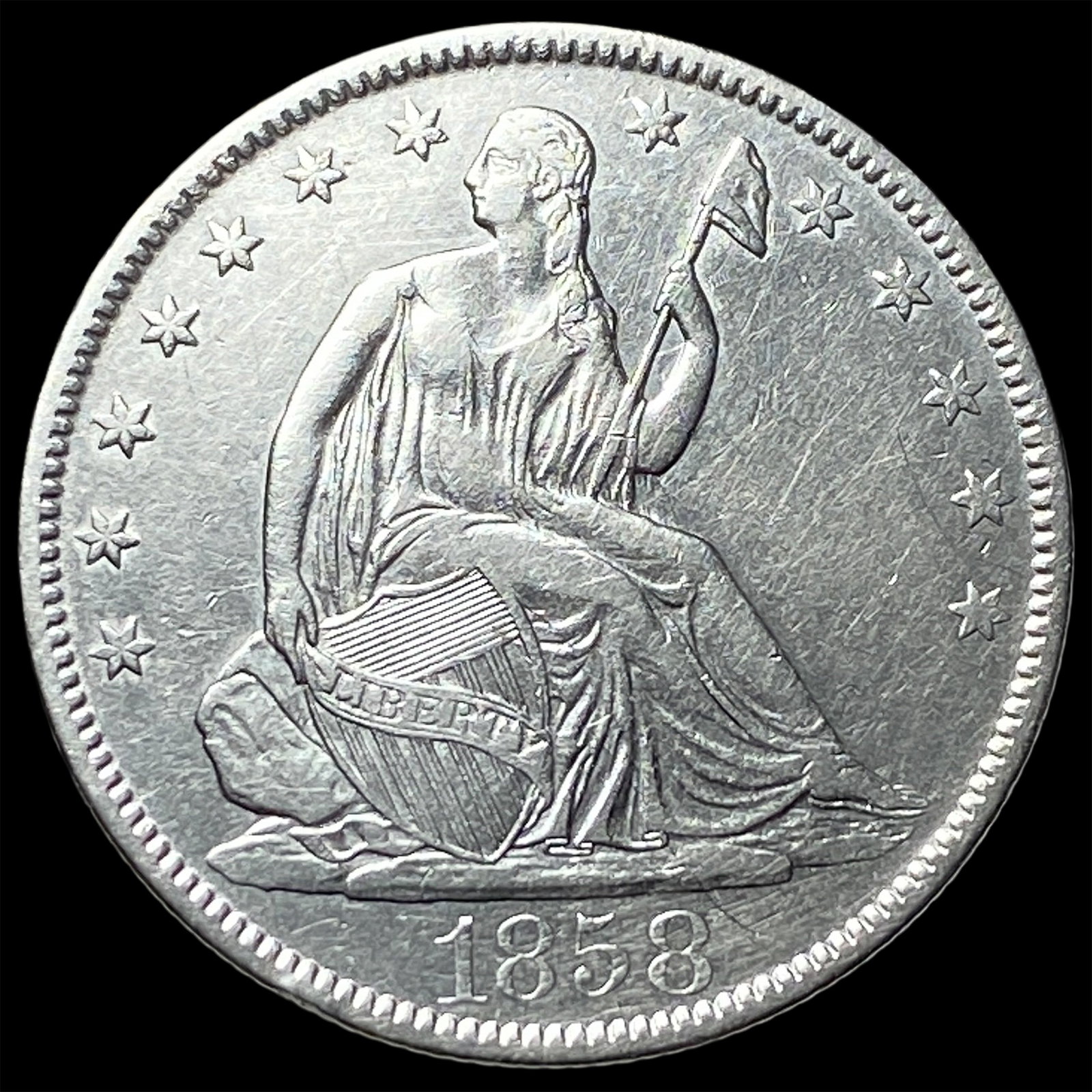 1858-O Silver Seated Liberty Half Dollar CLOSELY UNCIRCULATED: 1858-O Silver Seated Liberty Half Dollar CLOSELY UNCIRCULATED