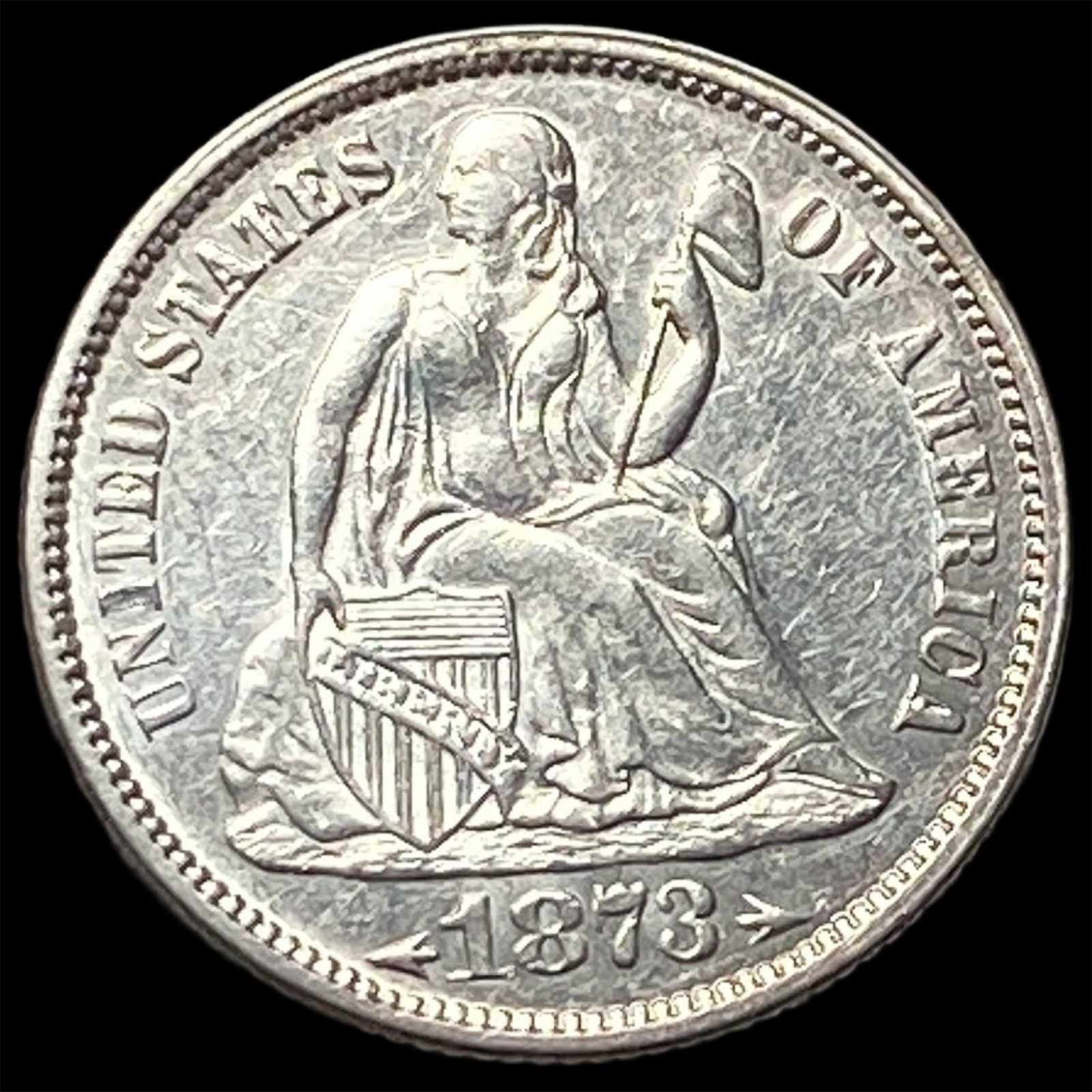 1873 Arrows Seated Liberty Silver Dime CLOSELY UNCIRCULATED: 1873 Arrows Seated Liberty Silver Dime CLOSELY UNCIRCULATED