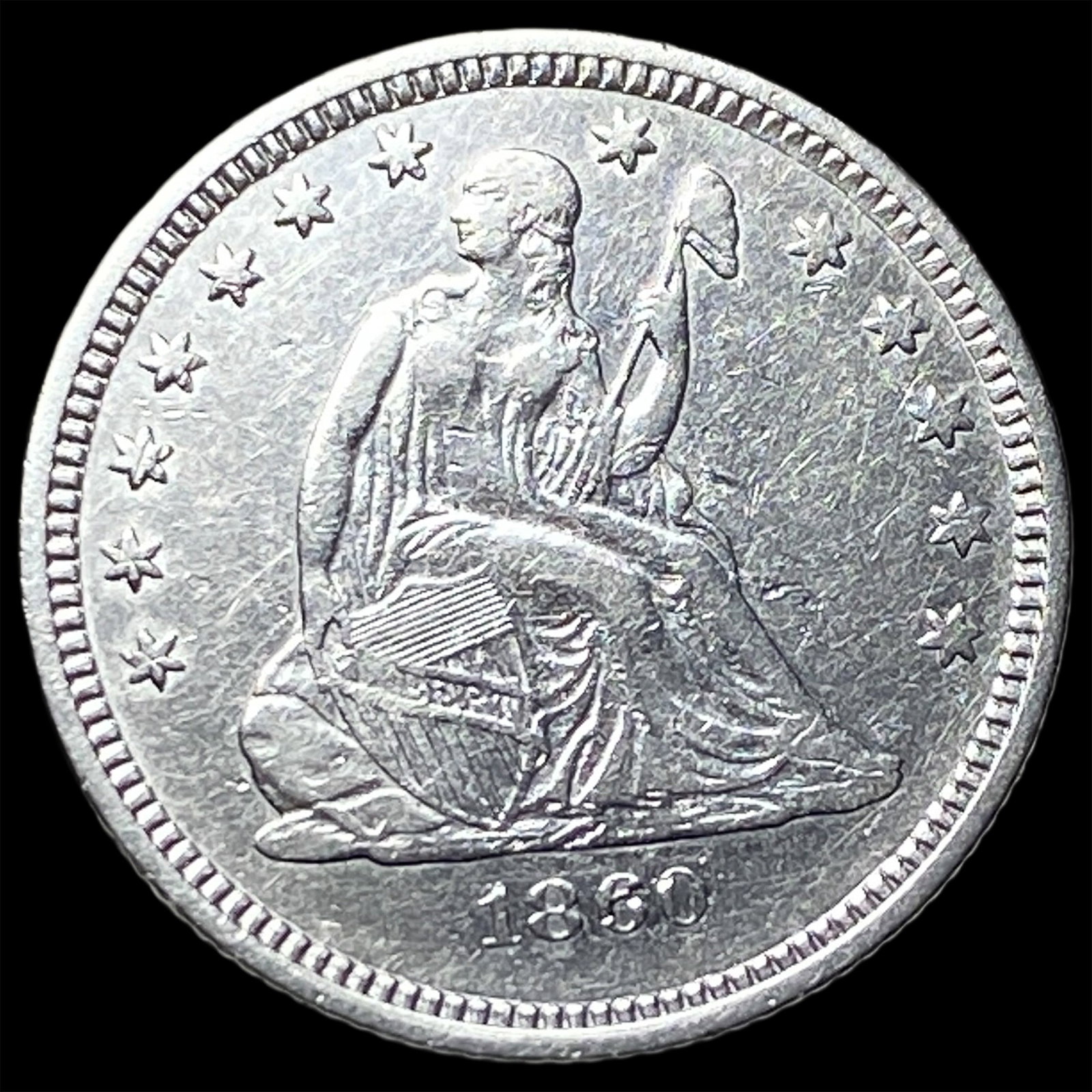 1860-O Silver Seated Liberty Quarter CLOSELY UNCIRCULATED (1 of 2)