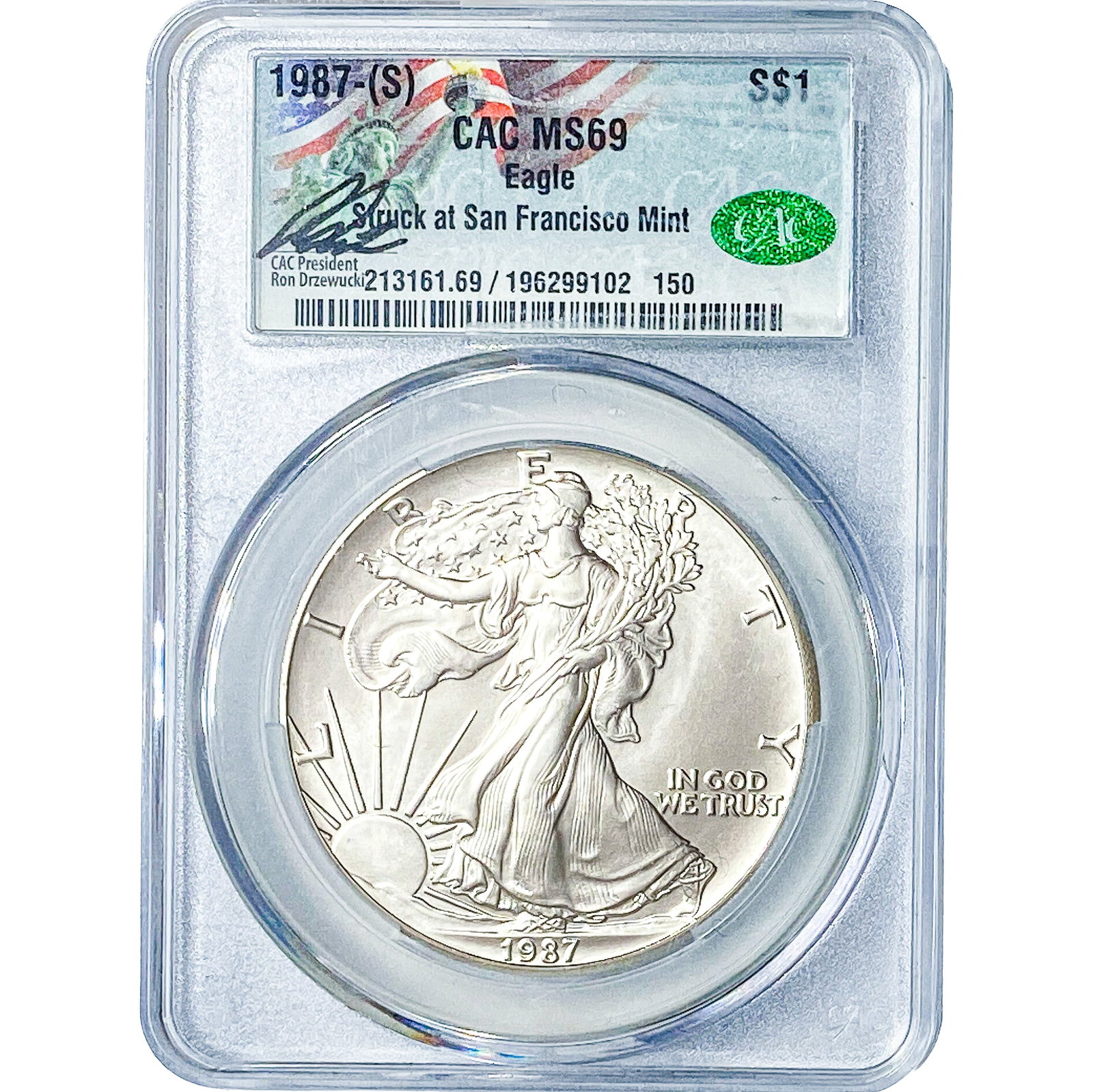 1987-S Silver Eagle CAC MS69: 1987-S Silver Eagle CAC MS69