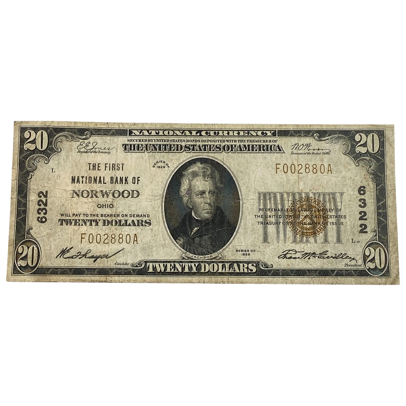 1929 $20 Federal Reserve Bank of Norwood, OH: 1929 $20 Federal Reserve Bank of Norwood, OH
