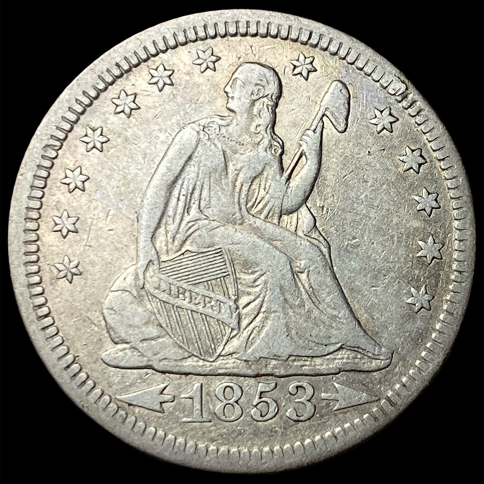 1853 Arrows/Rays Seated Liberty Quarter NEARLY UNCIRCULATED: 1853 Arrows/Rays Seated Liberty Quarter NEARLY UNCIRCULATED
