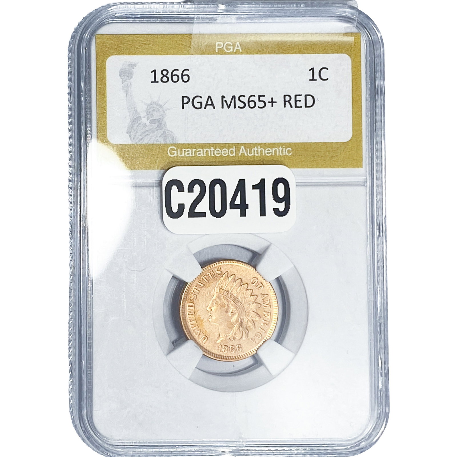 1866 Indian Head Cent PGA MS65+ Red: 1866 Indian Head Cent PGA MS65+ Red