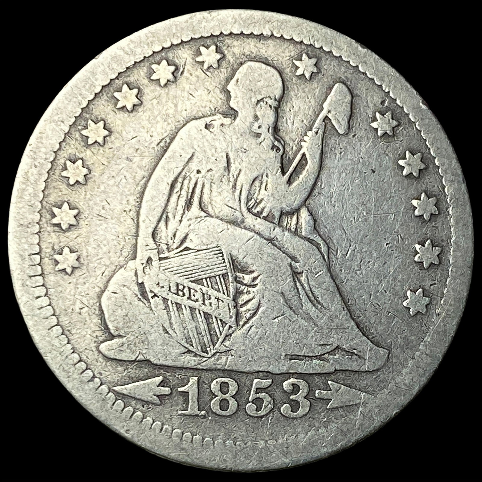1853 Arrows/Rays Seated Liberty Quarter NICELY CIRCULATED: 1853 Arrows/Rays Seated Liberty Quarter NICELY CIRCULATED