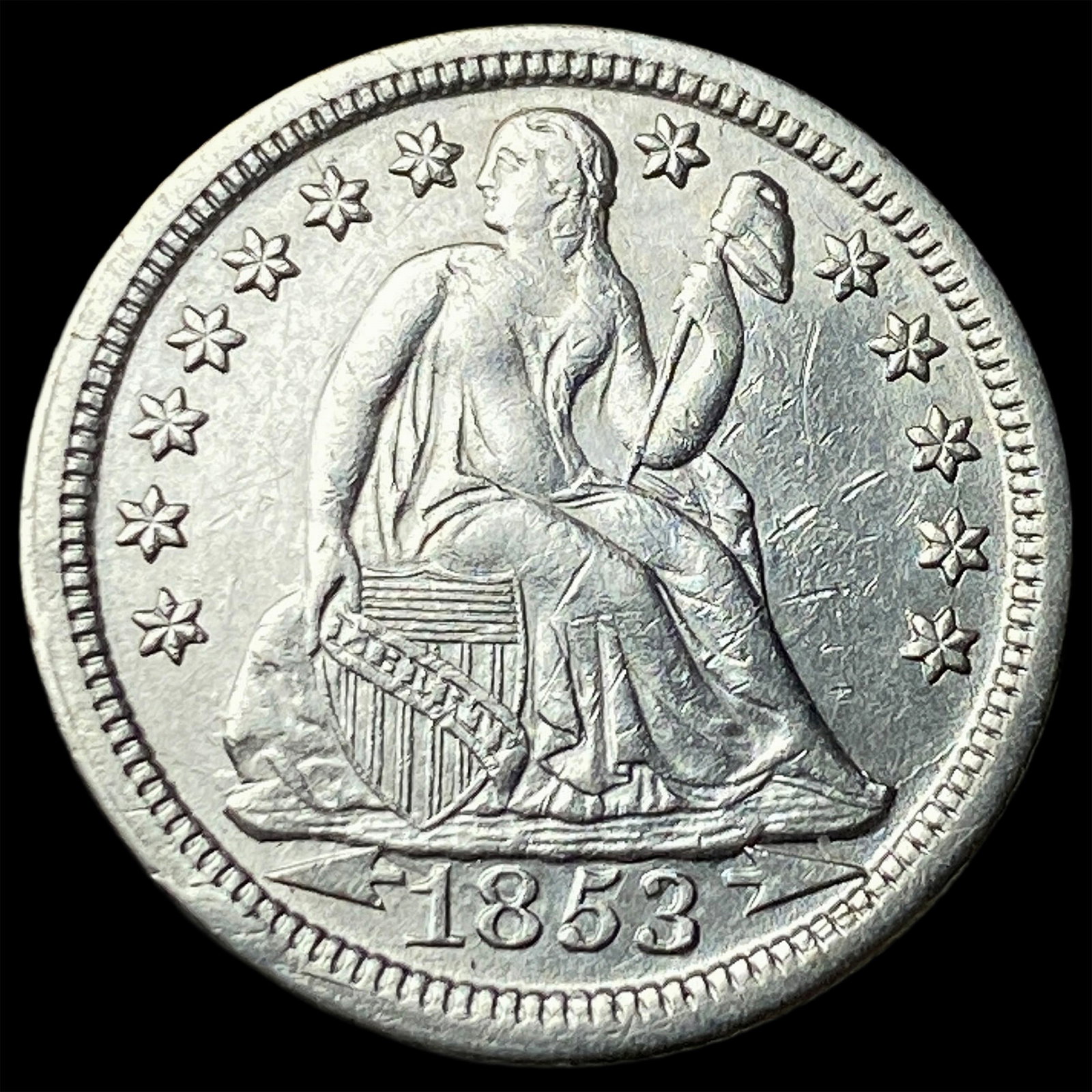 1853 Arrows Seated Liberty Silver Dime CLOSELY UNCIRCULATED: 1853 Arrows Seated Liberty Silver Dime CLOSELY UNCIRCULATED