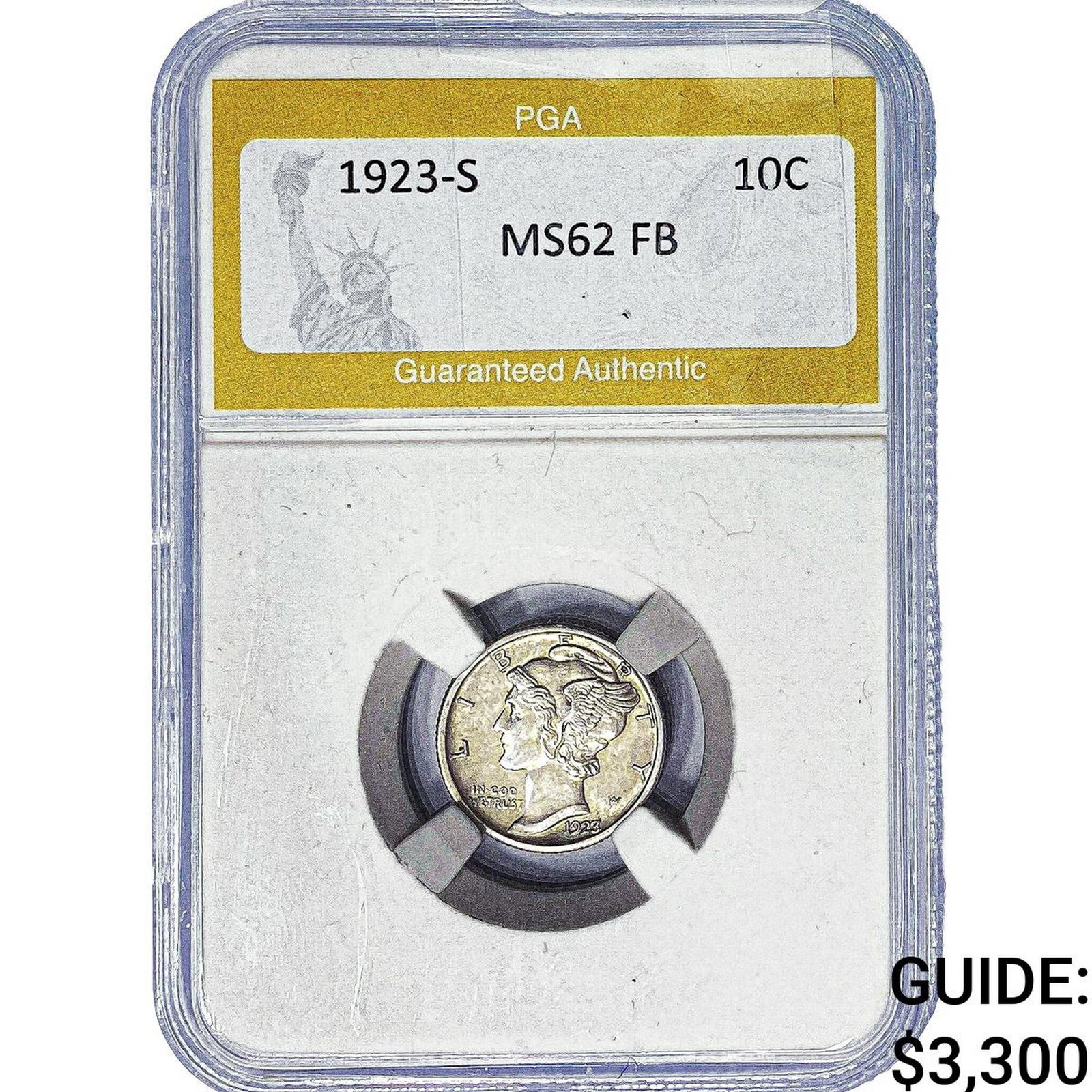 1923-S Mercury Silver Dime PGA MS62 FB: 1923-S Mercury Silver Dime PGA MS62 FB