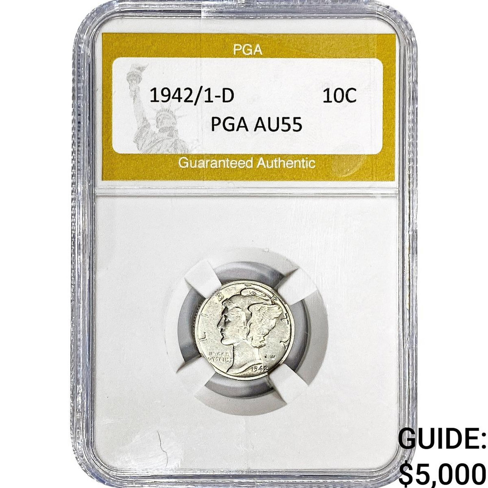 1942/1-D Mercury Silver Dime PGA AU55: 1942/1-D Mercury Silver Dime PGA AU55