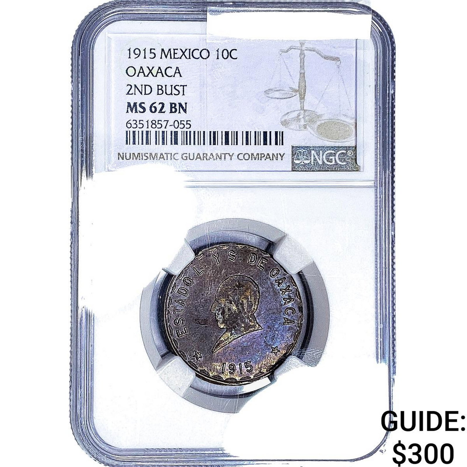 1915 Mexico Copper 10 Centavos Oaxaca 2nd Bust NGC MS62 BN: 1915 Mexico Copper 10 Centavos Oaxaca 2nd Bust NGC MS62 BN