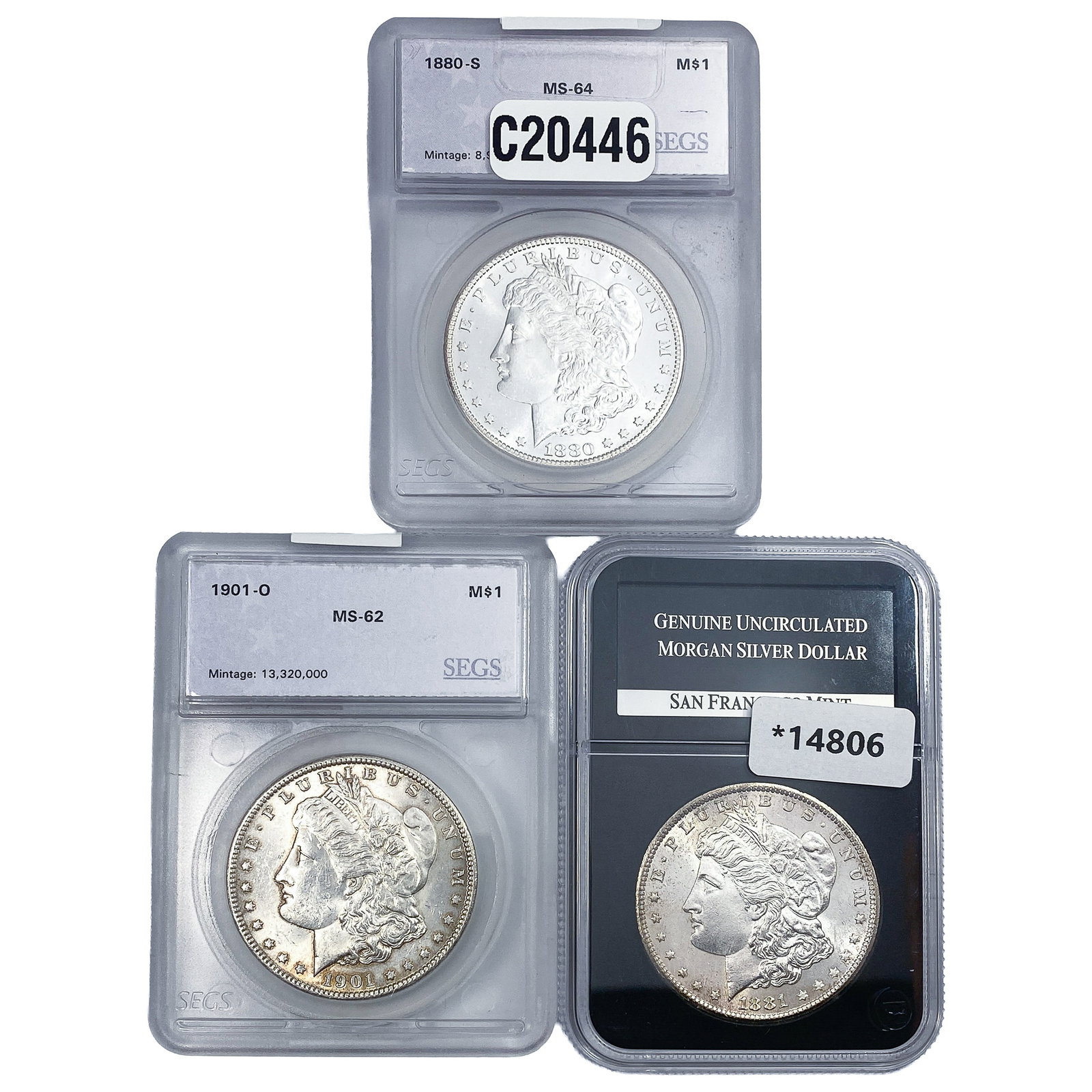 [3 Coins] 1880-1901 Morgan Silver Dollar SEGS MS62-64: [3 Coins] 1880-1901 Morgan Silver Dollar SEGS MS62-64