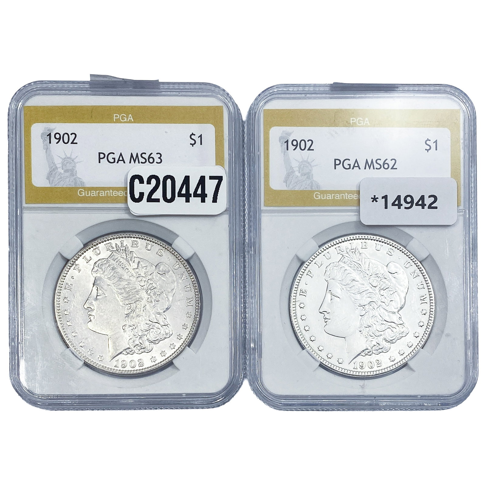 [2 Coins] 1902 Morgan Silver Dollar PGA MS62-63: [2 Coins] 1902 Morgan Silver Dollar PGA MS62-63