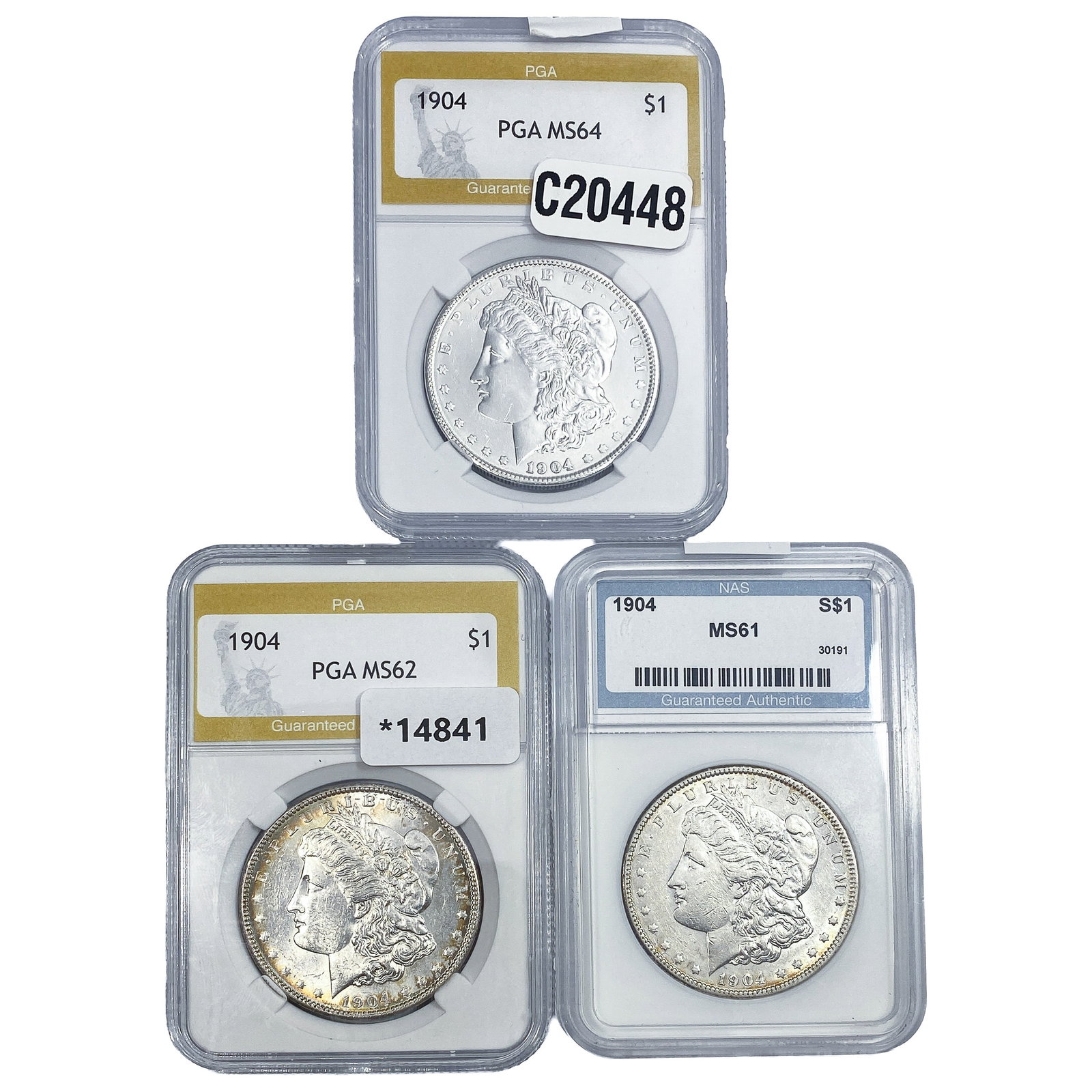 [3 Coins] 1904 Morgan Silver Dollar NAS/PGA MS61-64: [3 Coins] 1904 Morgan Silver Dollar NAS/PGA MS61-64