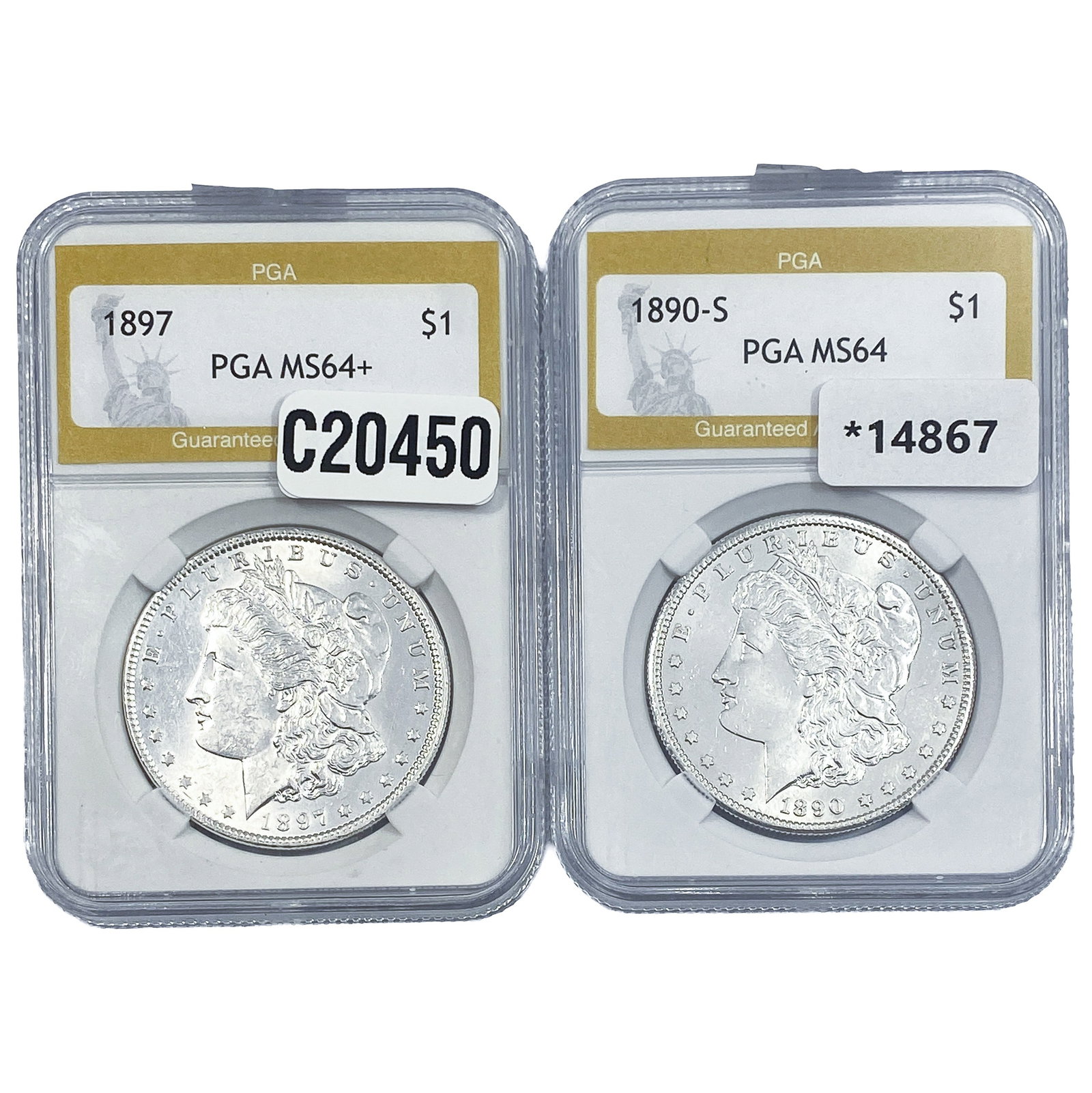 [2 Coins] 1890-1897 Morgan Silver Dollar PGA MS64: [2 Coins] 1890-1897 Morgan Silver Dollar PGA MS64