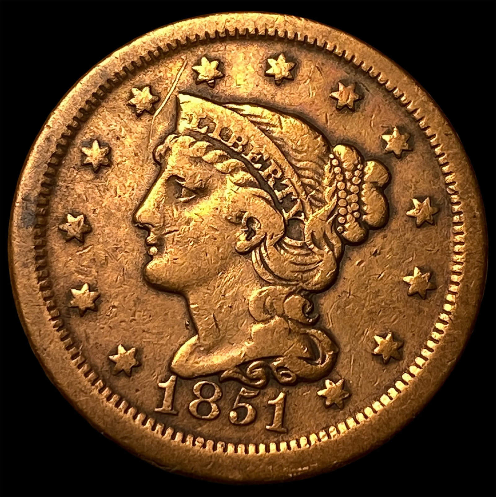 1851 Braided Hair Large Cent LIGHTLY CIRCULATED: 1851 Braided Hair Large Cent LIGHTLY CIRCULATED