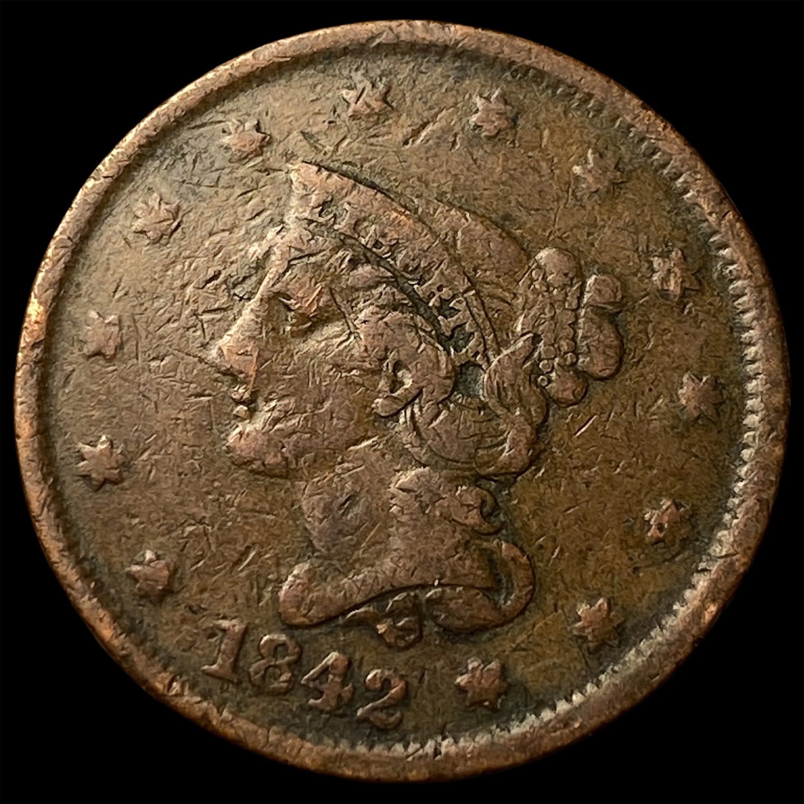 1842 Braided Hair Large Cent LIGHTLY CIRCULATED: 1842 Braided Hair Large Cent LIGHTLY CIRCULATED