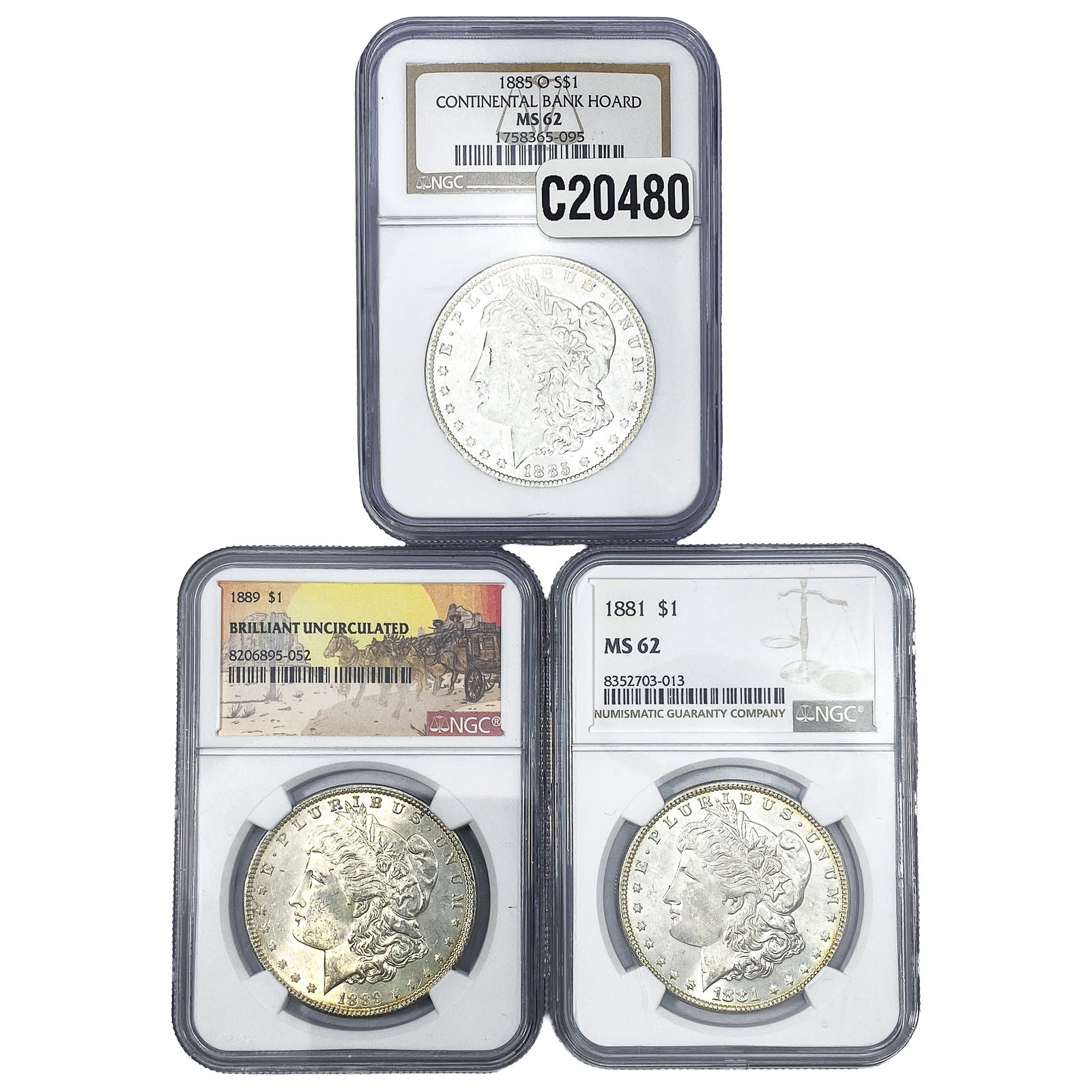 [3 Coins] 1881-1889 Morgan Silver Dollar NGC MS62: [3 Coins] 1881-1889 Morgan Silver Dollar NGC MS62