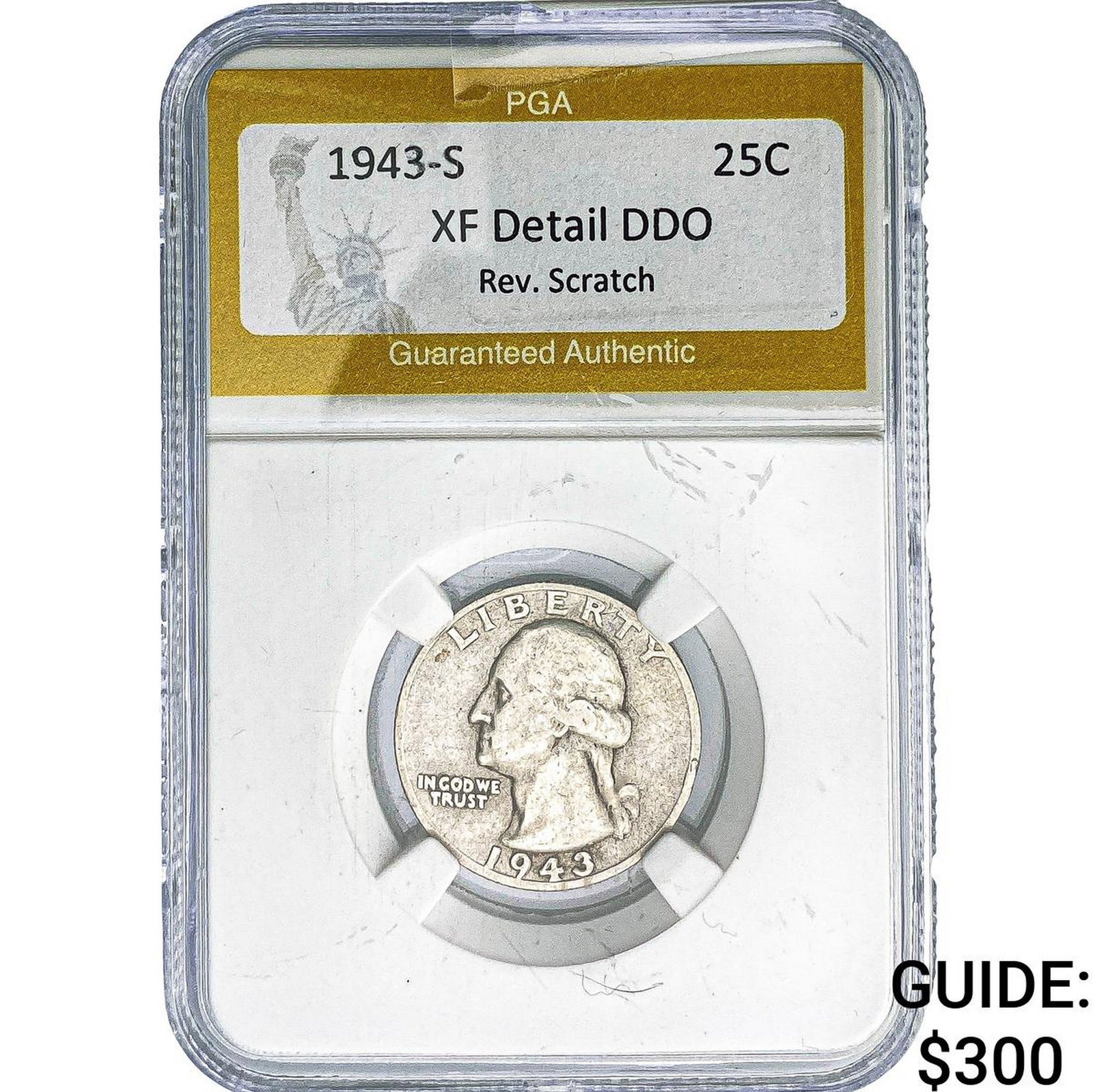 1943-S Washington Silver Quarter PGA XF Detail DDO Rev. Scratch: 1943-S Washington Silver Quarter PGA XF Detail DDO Rev. Scratch