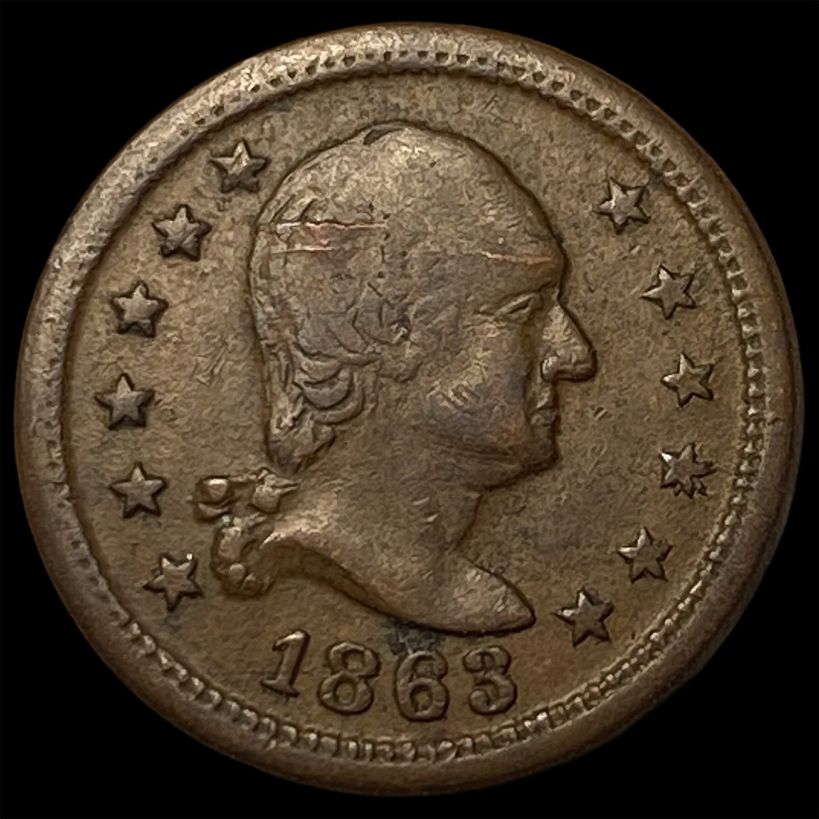 This is an 1863 Civil War Token "Not One Cent" variety. NEARLY UNCIRCULATED (1 of 2)