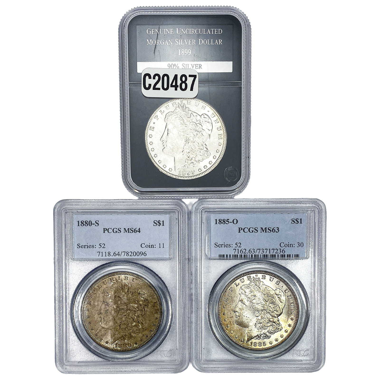 [3 Coins] 1880-1899 Morgan Silver Dollar PCGS MS63-64: [3 Coins] 1880-1899 Morgan Silver Dollar PCGS MS63-64