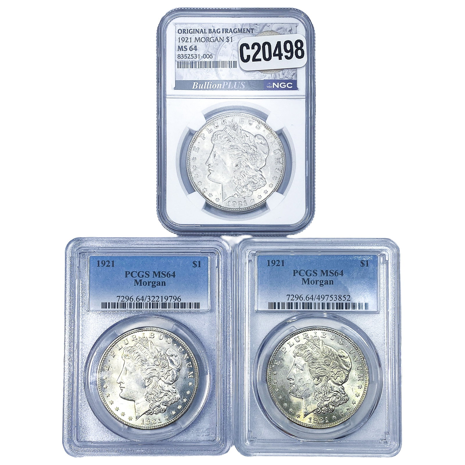 [3 Coins] 1921 Morgan Silver Dollar PCGS/NGC MS64: [3 Coins] 1921 Morgan Silver Dollar PCGS/NGC MS64