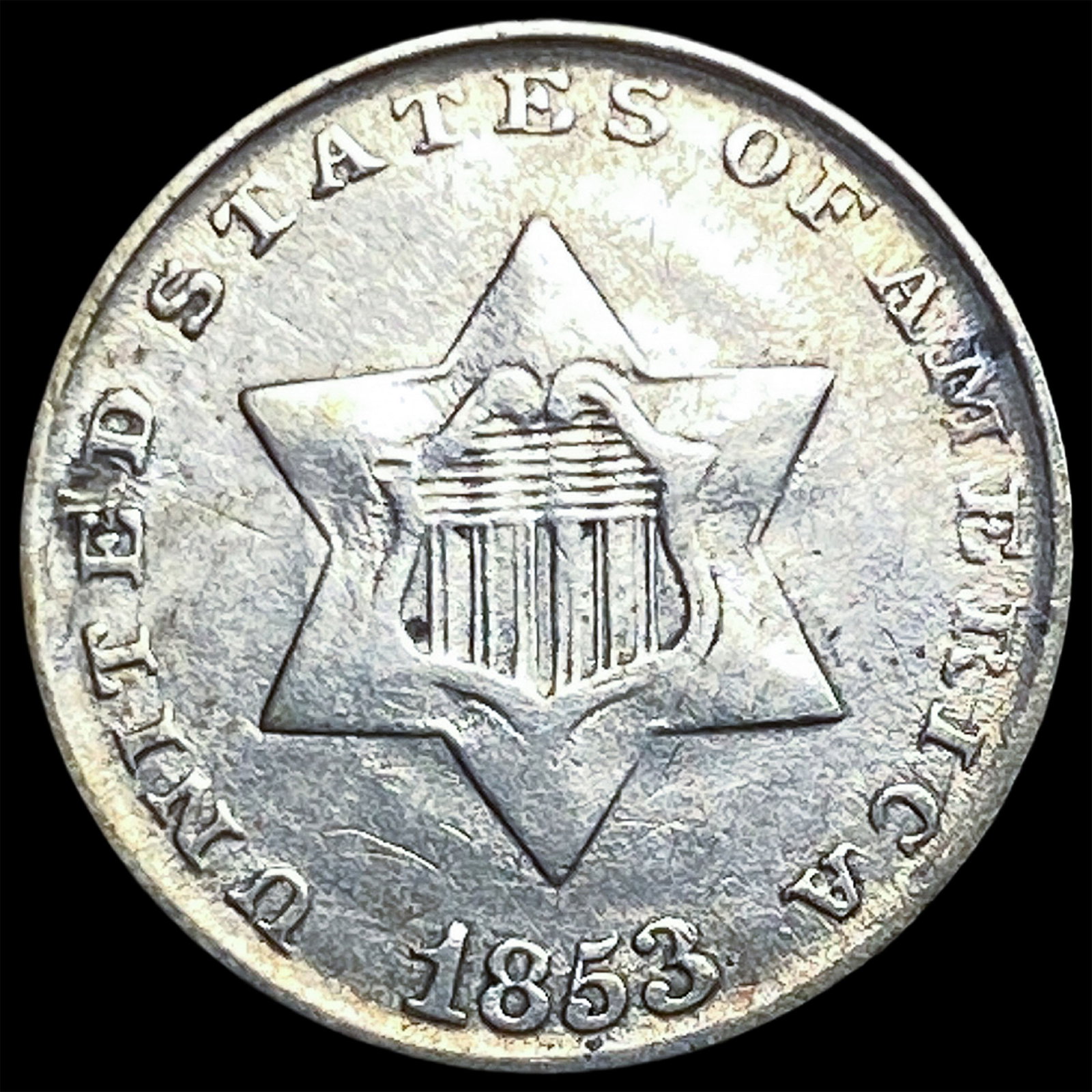 1853 Silver Three-Cent Piece CLOSELY UNCIRCULATED: 1853 Silver Three-Cent Piece CLOSELY UNCIRCULATED