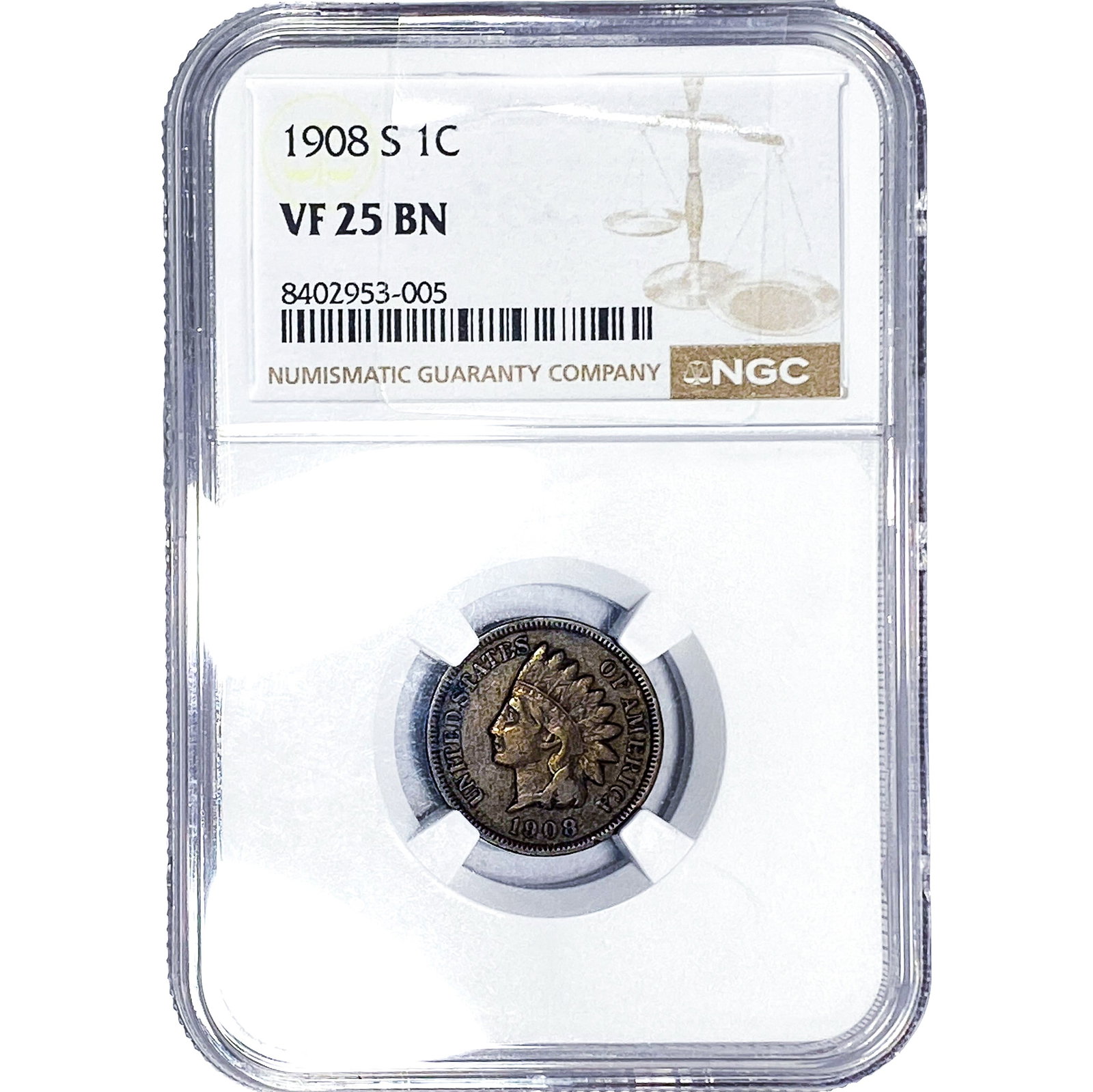 1908-S Indian Head Cent NGC VF25 BN: 1908-S Indian Head Cent NGC VF25 BN